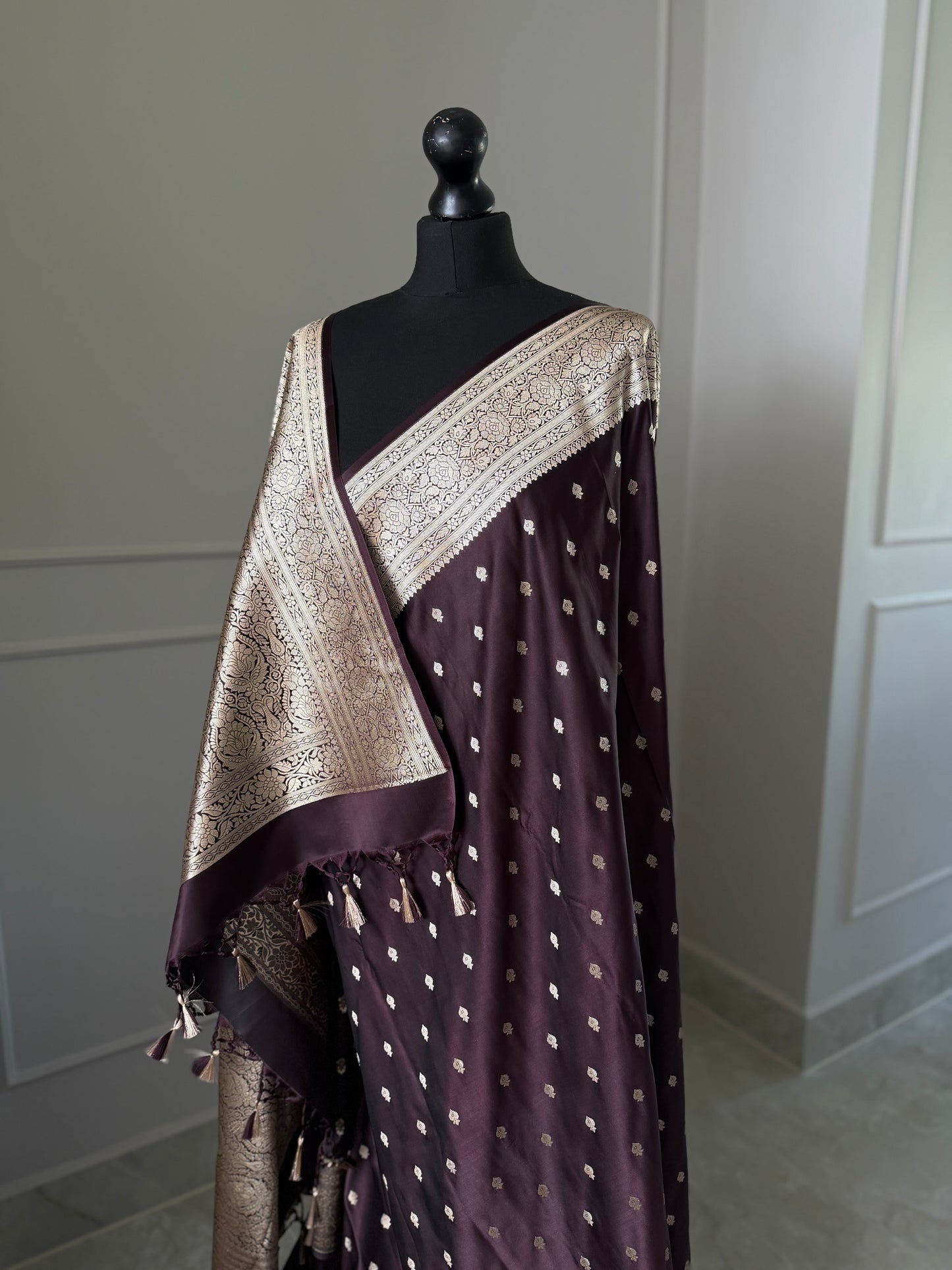 Deep mauve purple and gold katan semi silk wedding saree with gold zari. Stunning soft and elegant saree for bridal and occasion wear