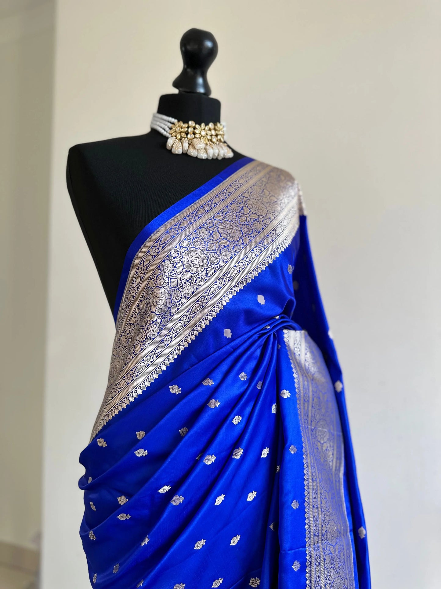 Banarasi silk royal blue Wedding Saree with gold Zari. Gold and blue Saree Traditional Saree with plain contrast blouse. Regal look saree LaiLai Sarees