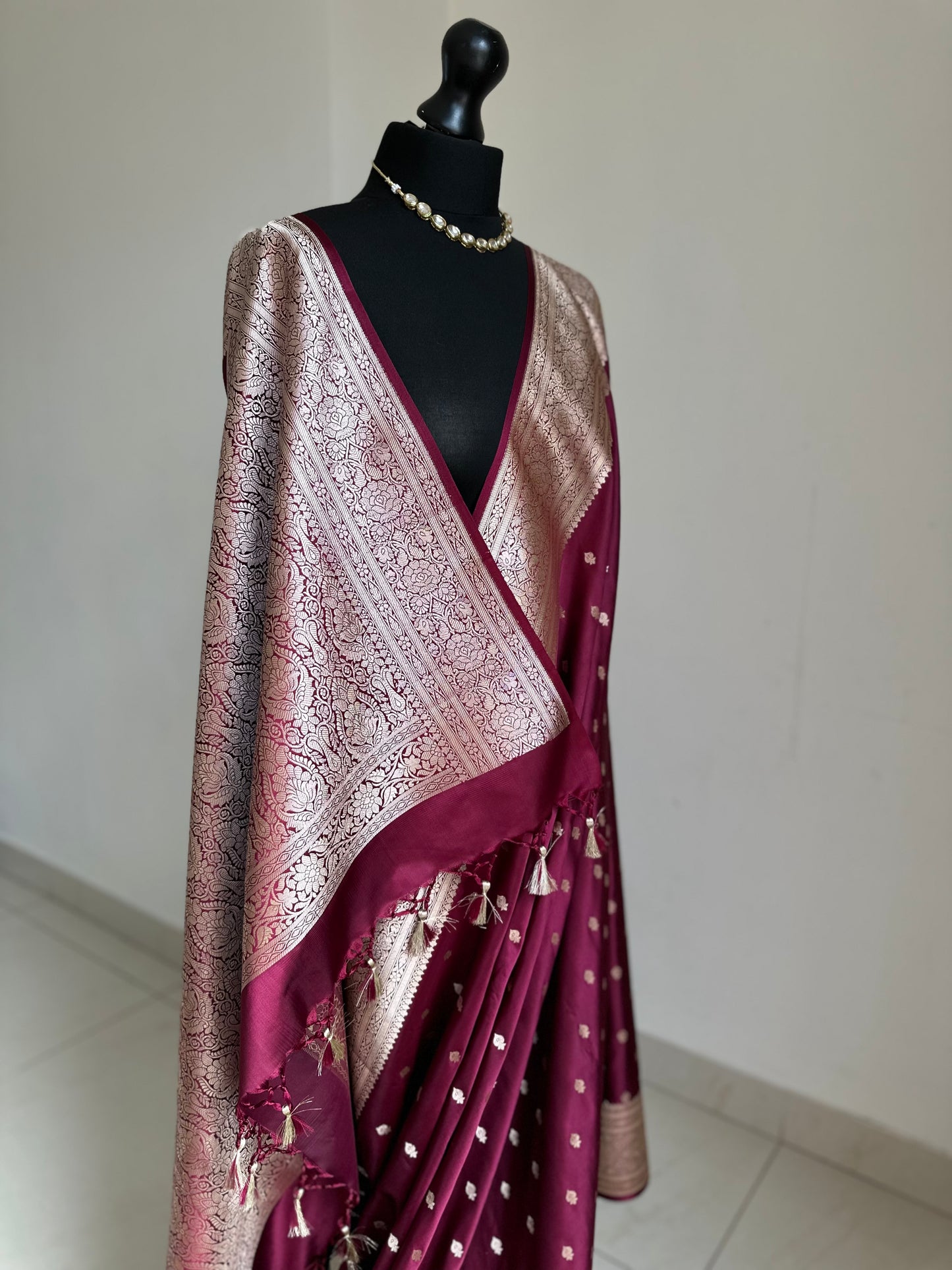 Banarasi silk in wine Wedding Saree with gold Zari. Gold maroon koorai Saree Traditional Saree with plain contrast blouse with Fall Pico