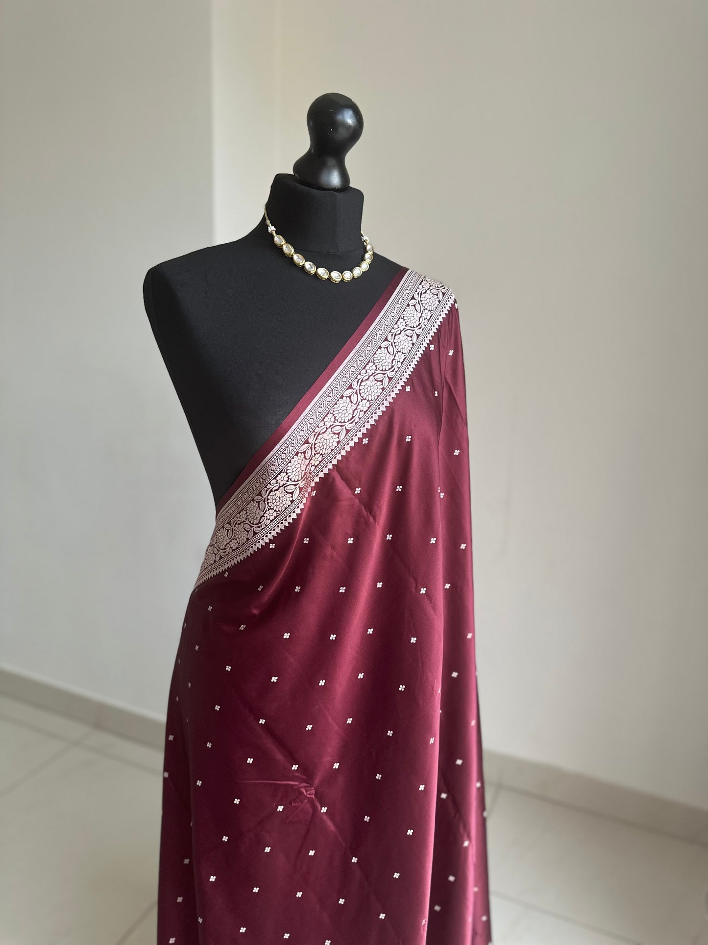 Banarasi katan silk wedding saree in maroon, with champagne gold Zari