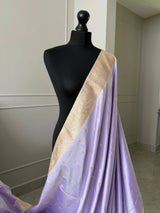 Banarasi silk soft dreamy lilac wedding saree with gold zari. Gold and lilac silk traditional saree with plain contrast blouse with border LaiLai Sarees