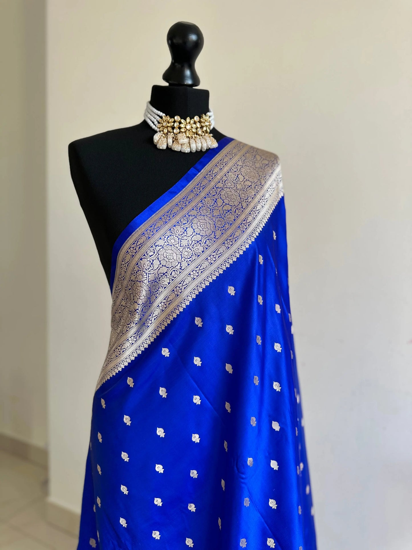 Banarasi silk royal blue Wedding Saree with gold Zari. Gold and blue Saree Traditional Saree with plain contrast blouse. Regal look saree LaiLai Sarees