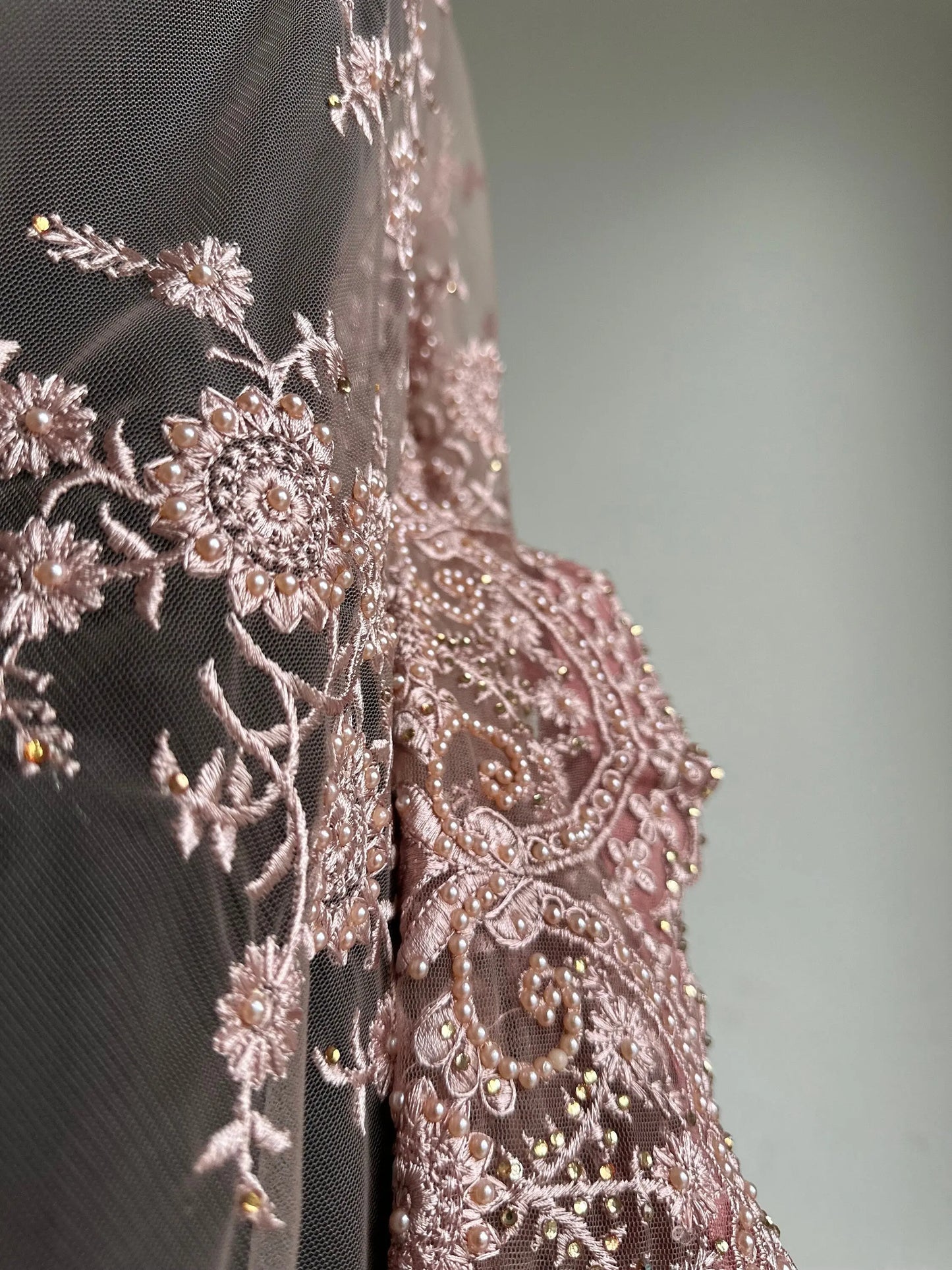 Nude pink lace saree for parties. Intricate lace designer saree with matching petticoat and blouse unstitched. Wedding or party saree - LaiLai Sarees