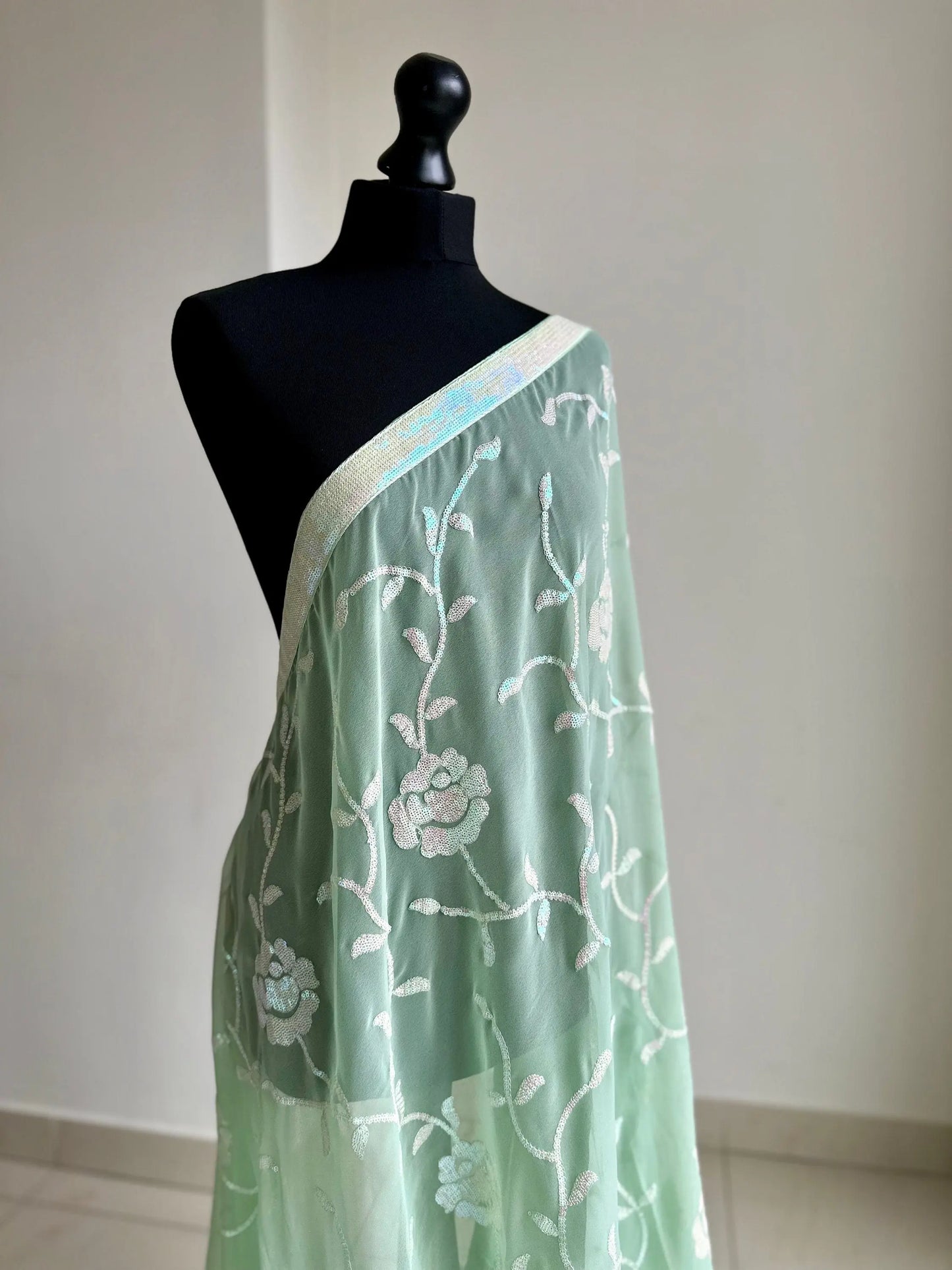 Mint Green Party saree with sequins and floral vine. Wedding guest civil wedding party wear with iridescent sequins all over georgette saree - LaiLai Sarees