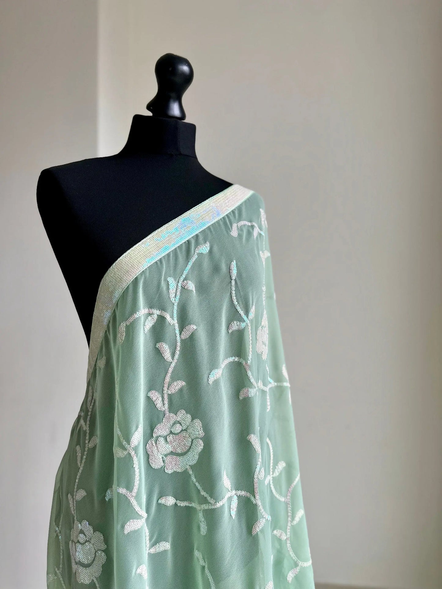 Mint Green Party saree with sequins and floral vine. Wedding guest civil wedding party wear with iridescent sequins all over georgette saree - LaiLai Sarees