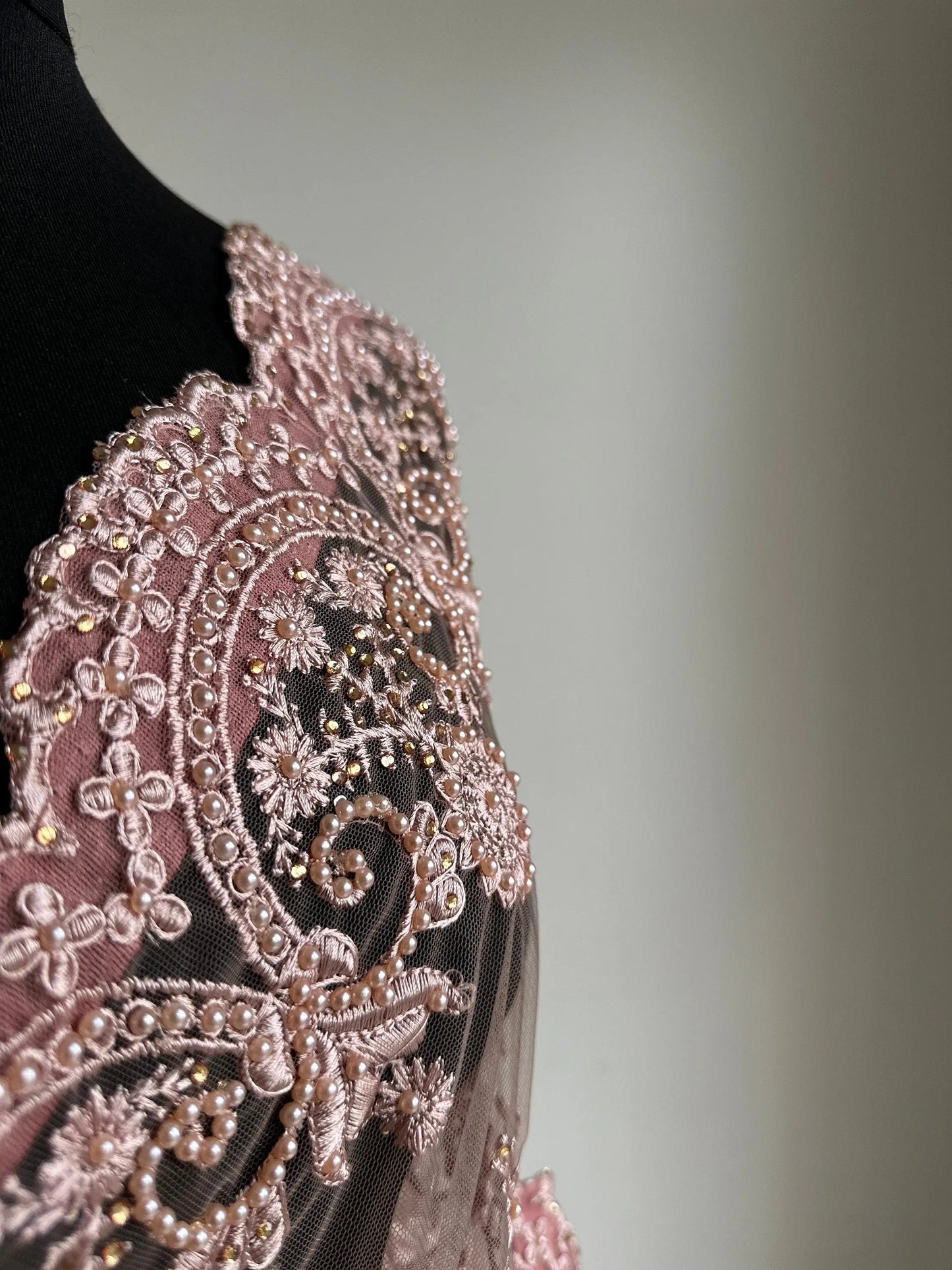 Nude pink lace saree for parties. Intricate lace designer saree with matching petticoat and blouse unstitched. Wedding or party saree - LaiLai Sarees