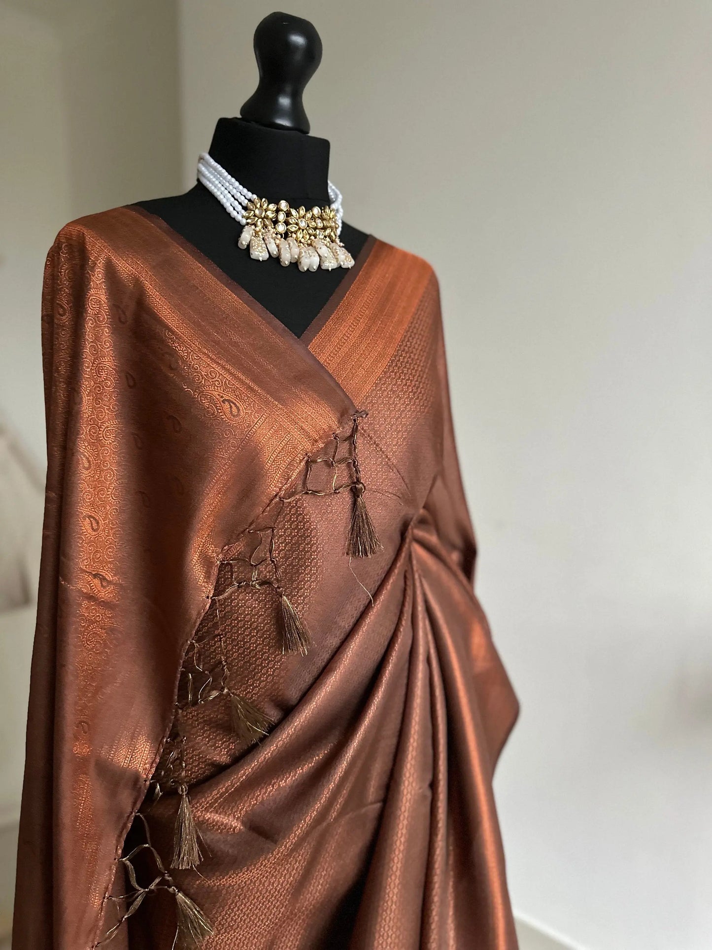Chocolate brown and copper softy silk saree with subtle border and all over sheen. The perfect saree for parties and all traditional events. - LaiLai Sarees