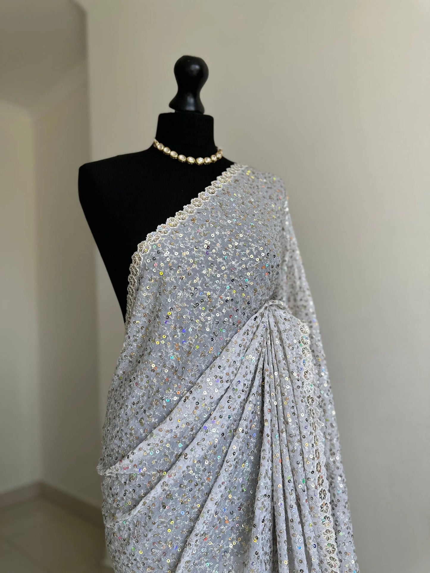 White elegant bridal saree with sequins. Wedding guest civil wedding party wear saree with iridescent sequins all over. Comes with belt - LaiLai Sarees