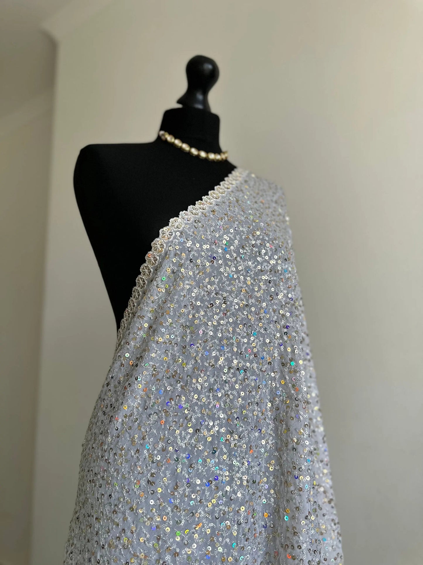 White elegant bridal saree with sequins. Wedding guest civil wedding party wear saree with iridescent sequins all over. Comes with belt - LaiLai Sarees