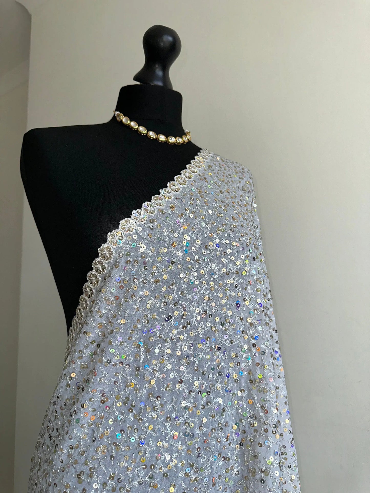 White elegant bridal saree with sequins. Wedding guest civil wedding party wear saree with iridescent sequins all over. Comes with belt - LaiLai Sarees