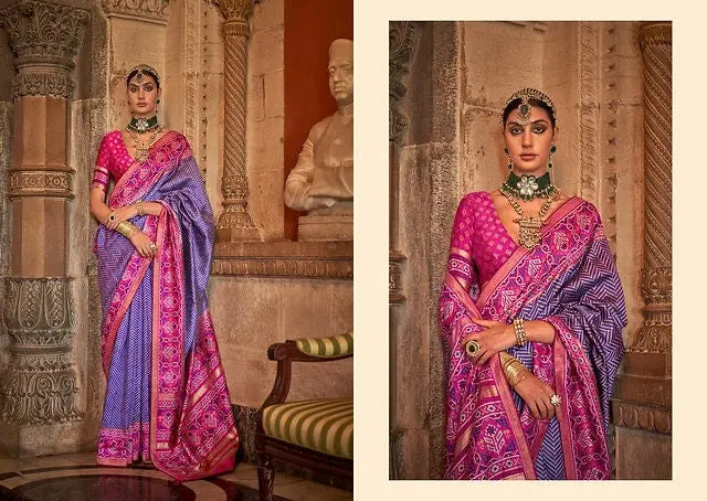 Purple and pink silk patola saree with printed and weaved zari work. Designer saree with blouse for weddings. Designer saree blouse - LaiLai Sarees
