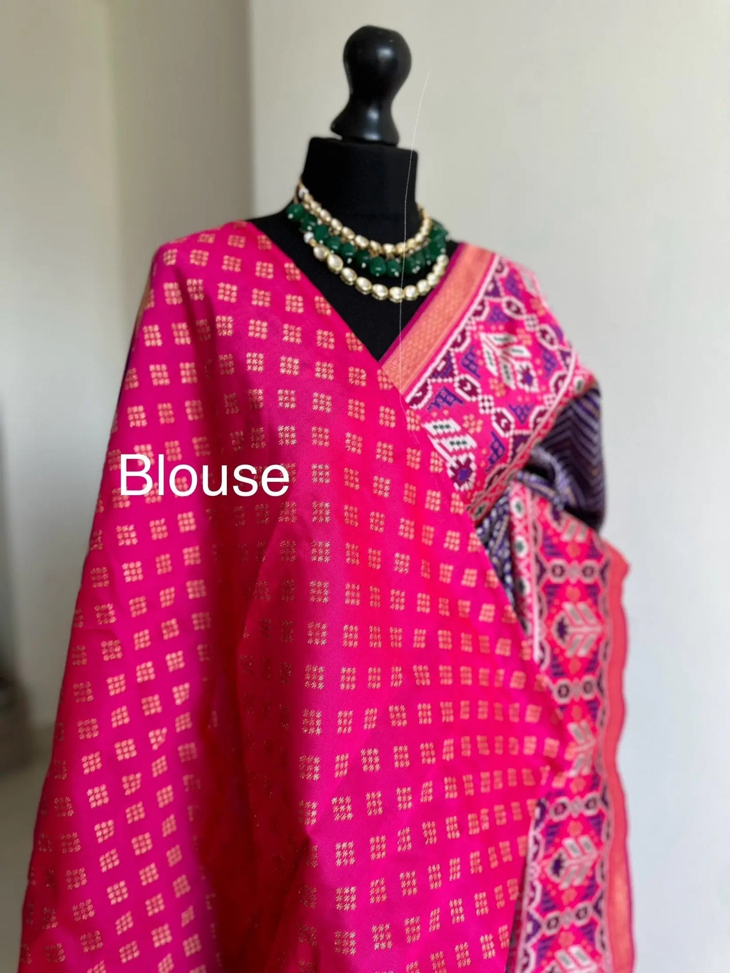 Purple and pink silk patola saree with printed and weaved zari work. Designer saree with blouse for weddings. Designer saree blouse - LaiLai Sarees