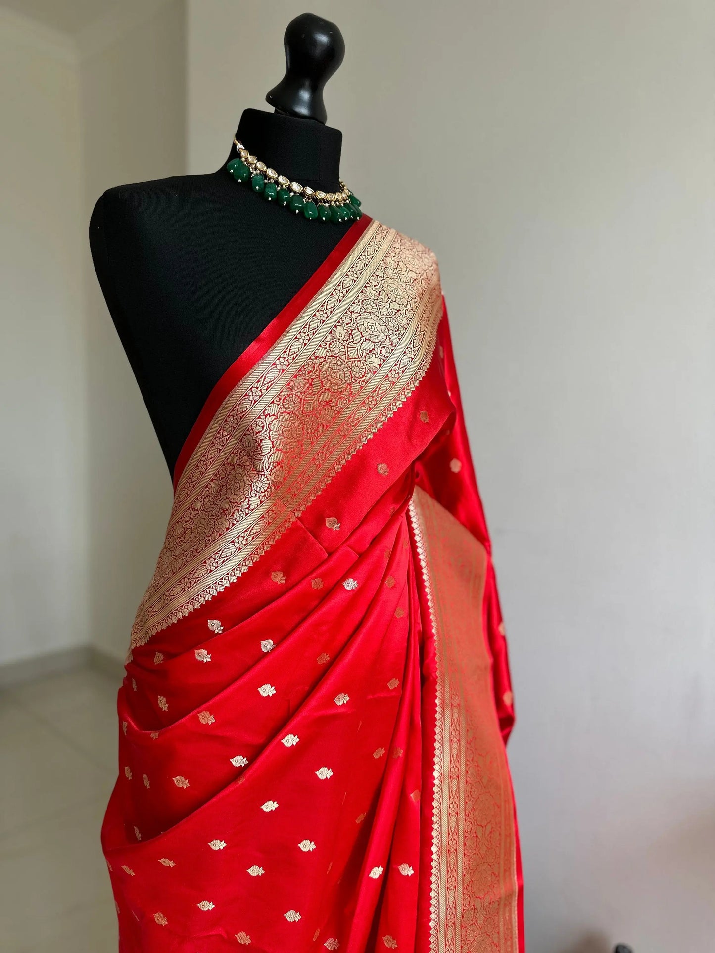 Banarasi silk true red Wedding Saree with gold Zari. Gold and red koorai Saree Traditional Saree with plain contrast blouse. Red pattu saree - LaiLai Sarees
