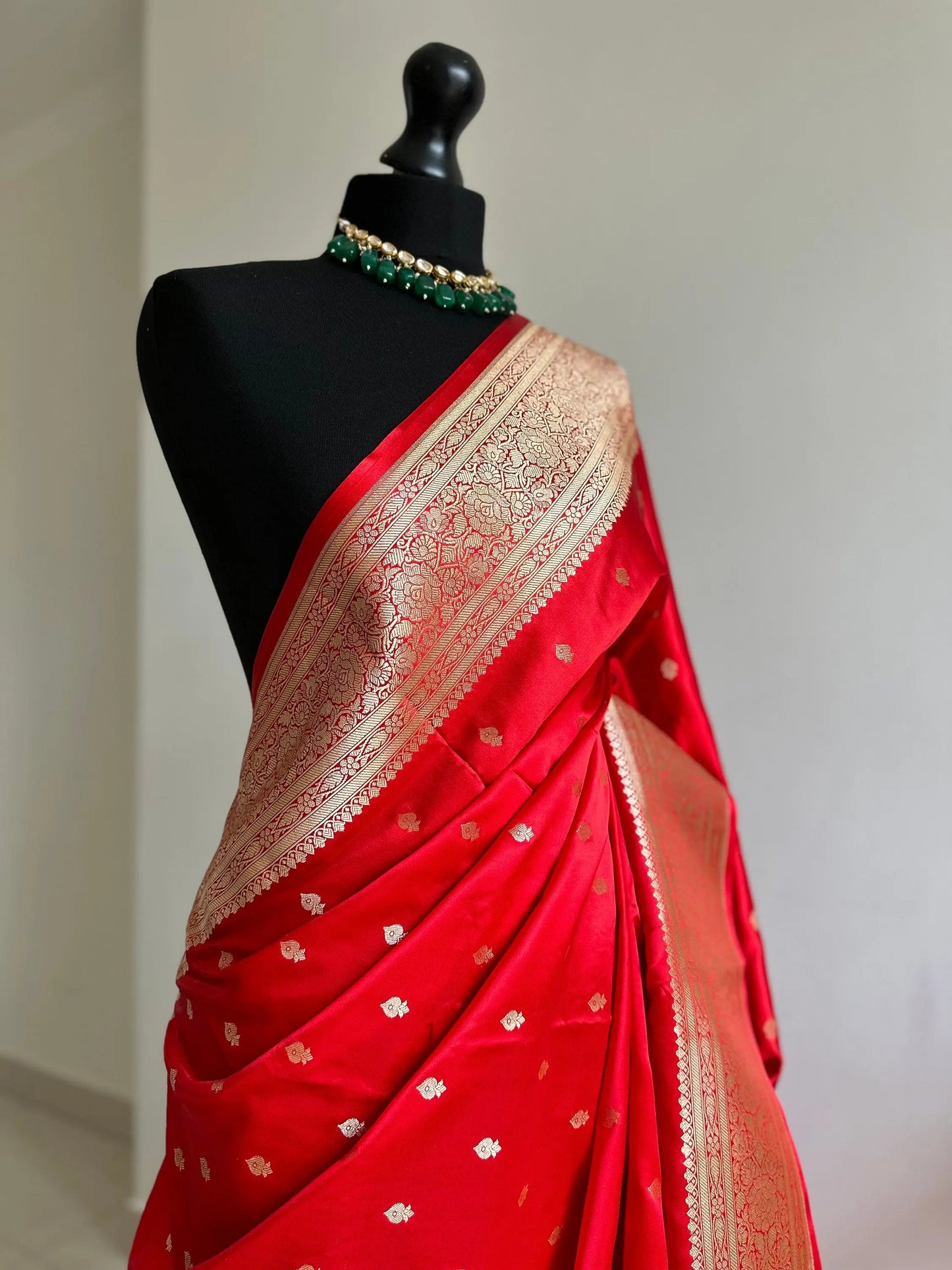 Banarasi silk true red Wedding Saree with gold Zari. Gold and red koorai Saree Traditional Saree with plain contrast blouse. Red pattu saree - LaiLai Sarees