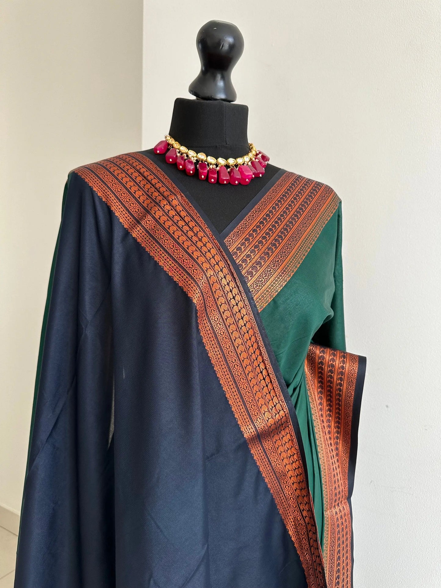 Dark green saree with copper border and navy pallu and blouse. Traditional crepe silk saree. Casual saree soft to drape pleat bottle green - LaiLai Sarees