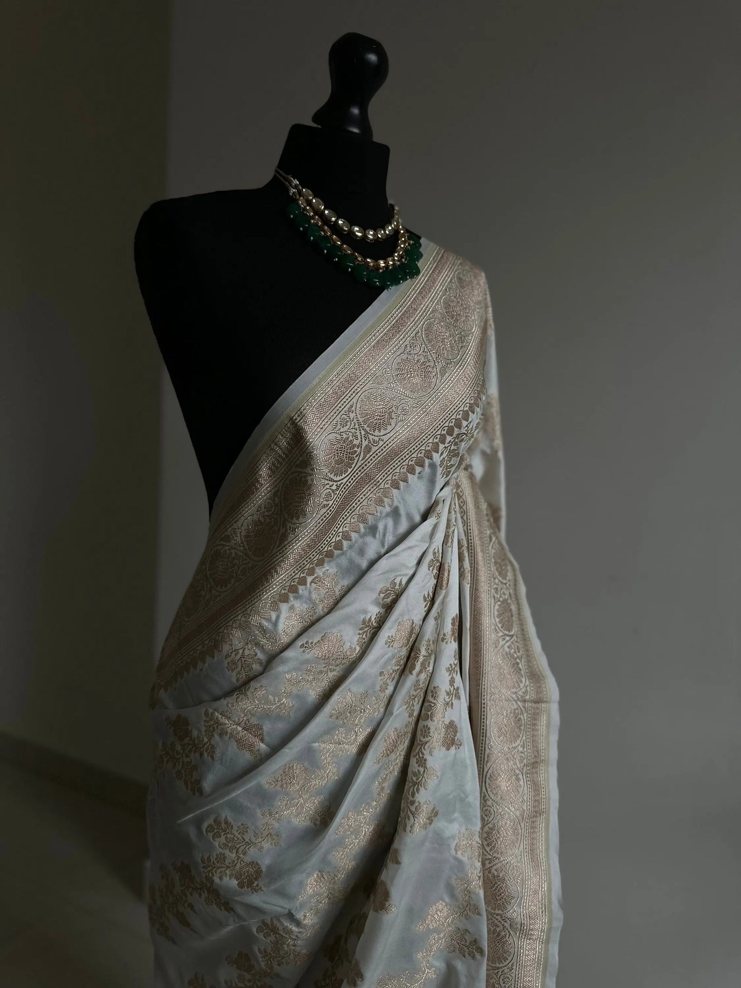Banarasi silk off white. Wedding Saree with gold Zari. Cream silk Traditional Saree with plain blouse. Jaal design silk saree - LaiLai Sarees