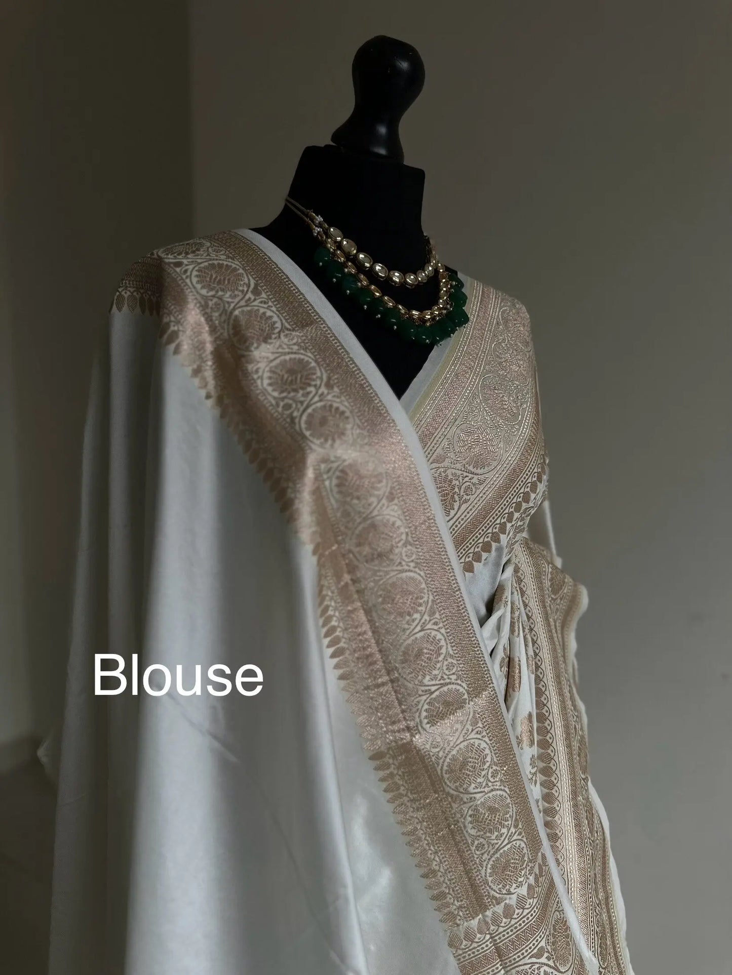 Banarasi silk off white. Wedding Saree with gold Zari. Cream silk Traditional Saree with plain blouse. Jaal design silk saree - LaiLai Sarees