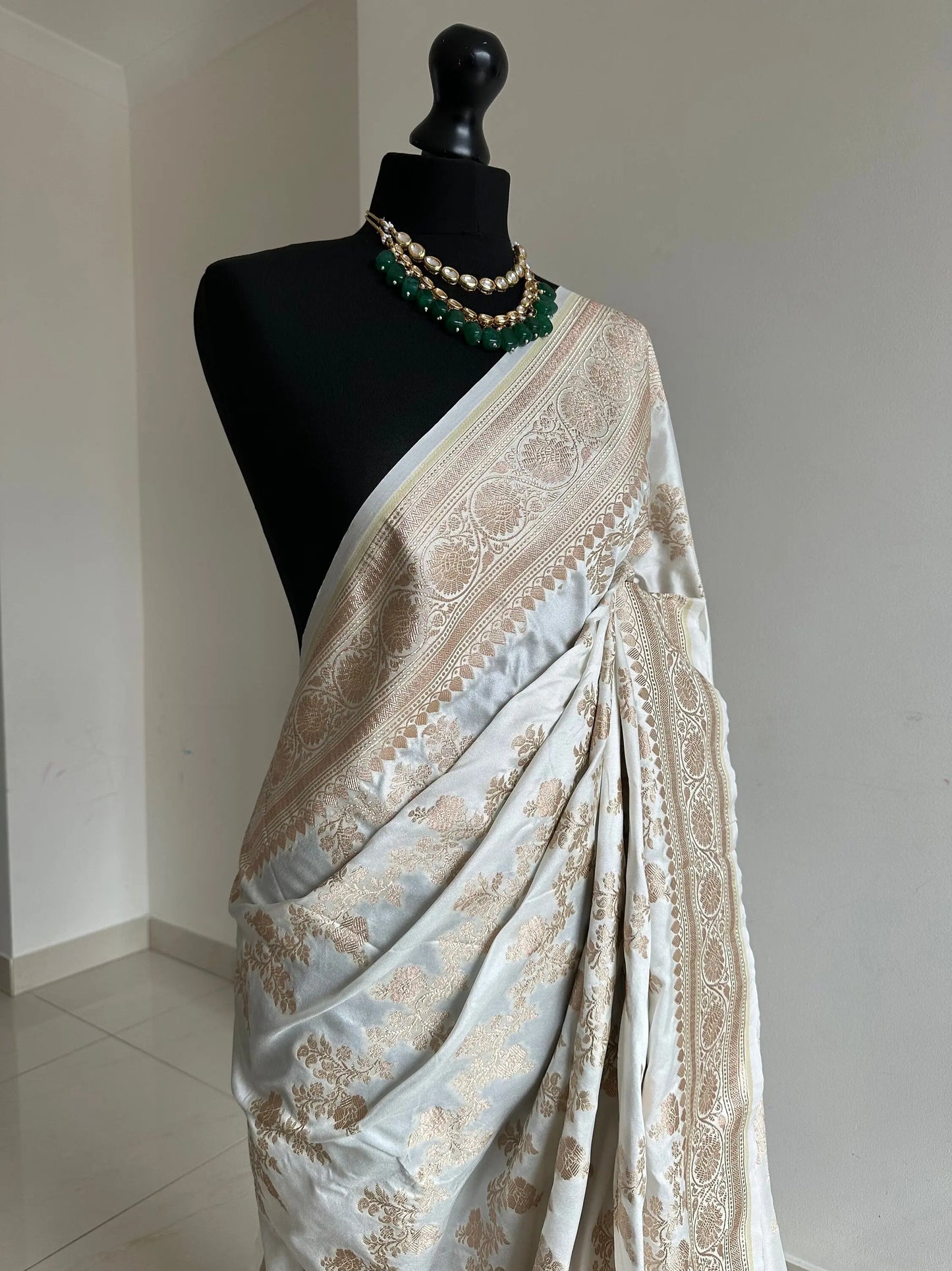 Banarasi silk off white. Wedding Saree with gold Zari. Cream silk Traditional Saree with plain blouse. Jaal design silk saree - LaiLai Sarees