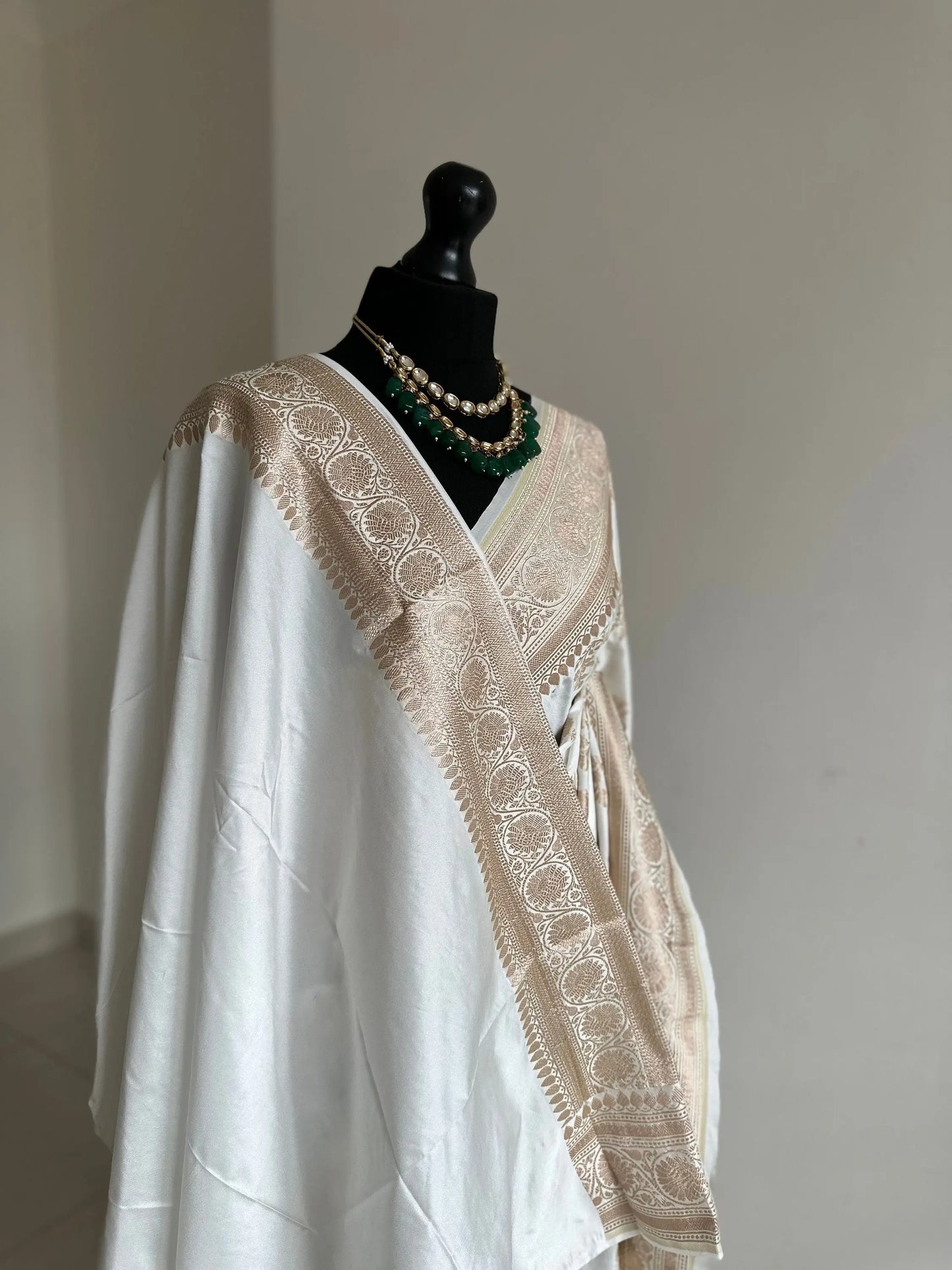 Banarasi silk off white. Wedding Saree with gold Zari. Cream silk Traditional Saree with plain blouse. Jaal design silk saree - LaiLai Sarees