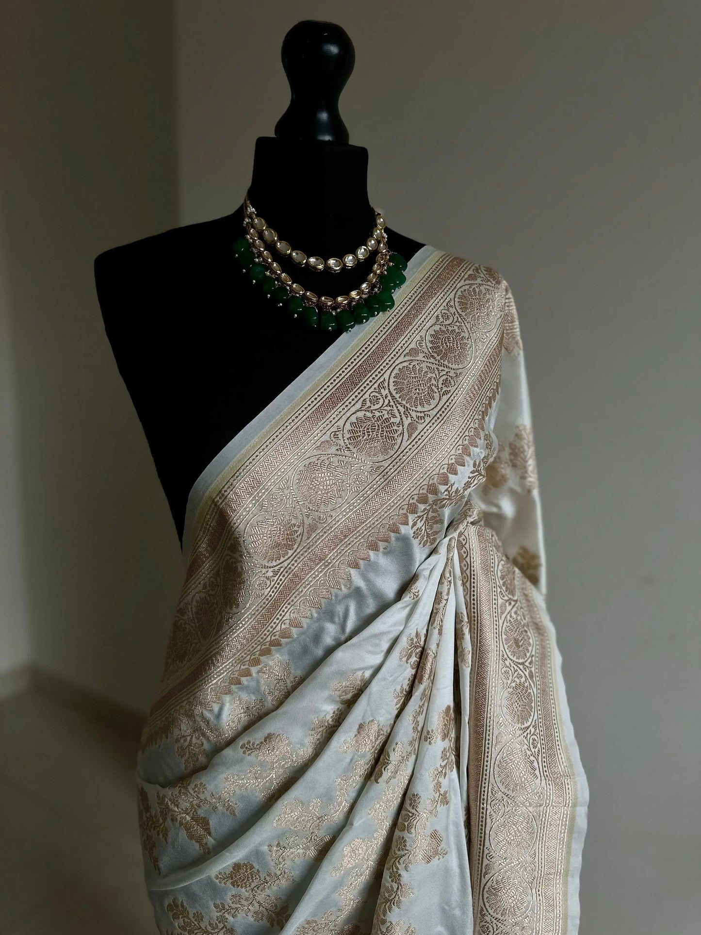 Banarasi silk off white. Wedding Saree with gold Zari. Cream silk Traditional Saree with plain blouse. Jaal design silk saree - LaiLai Sarees