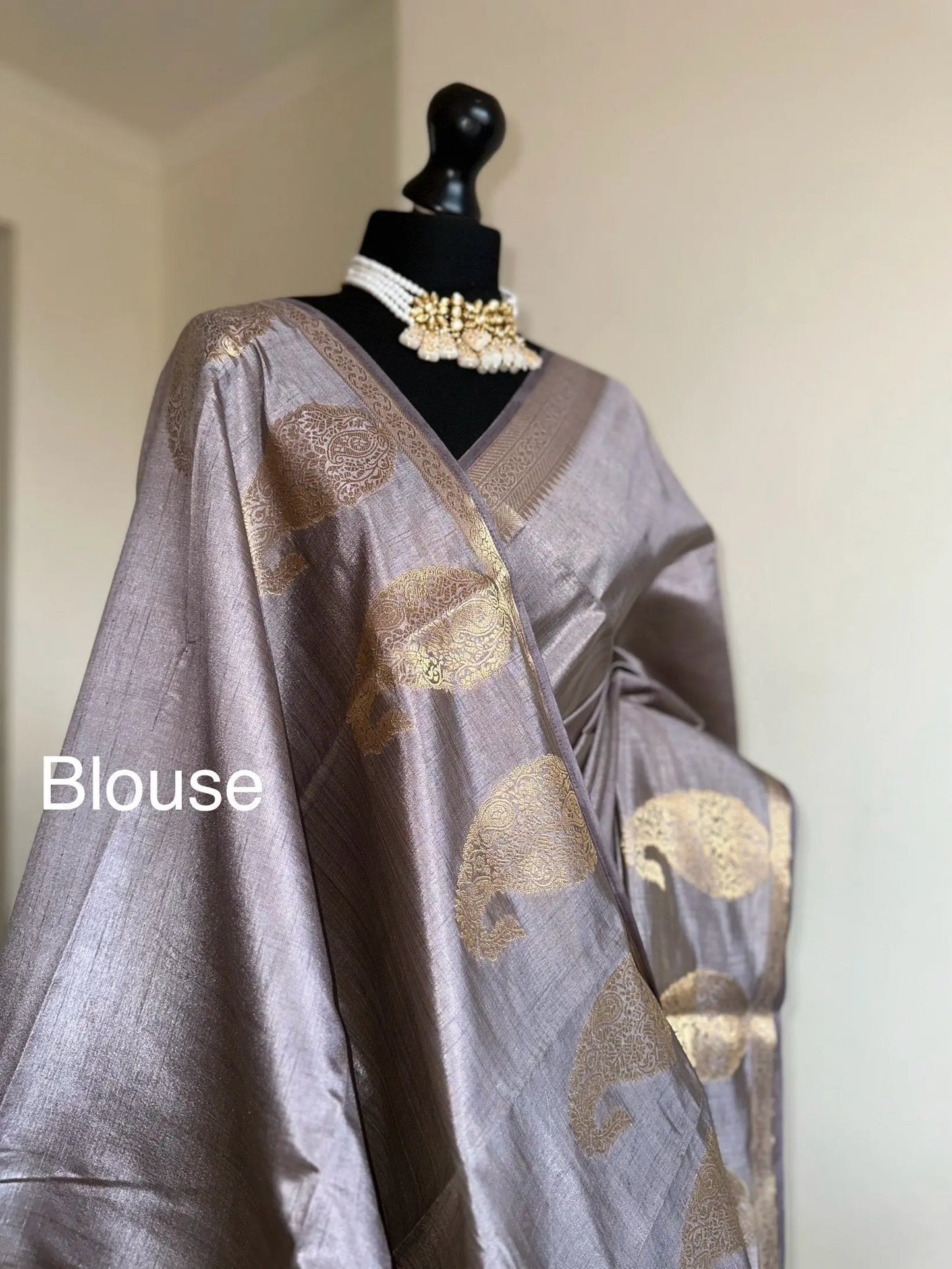 Grey soft tussar raw silk saree with unstitched blouse. Gold work on border and pallu. Statement saree and colour. - LaiLai Sarees