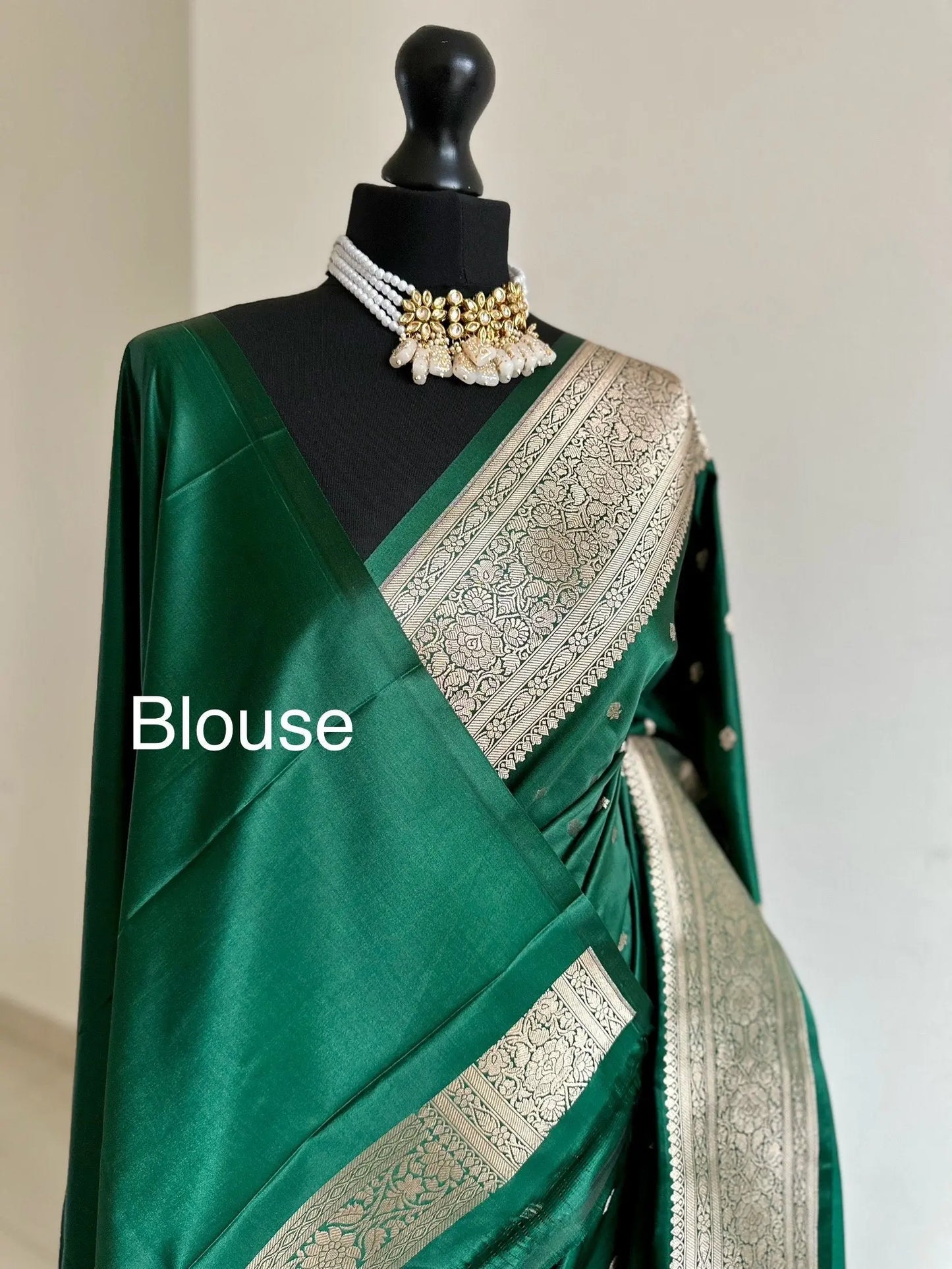 Banarasi silk green Wedding Saree with gold Zari. Gold green traditional saree with plain contrast blouse.Rich pallu with tassels falls Pico - LaiLai Sarees