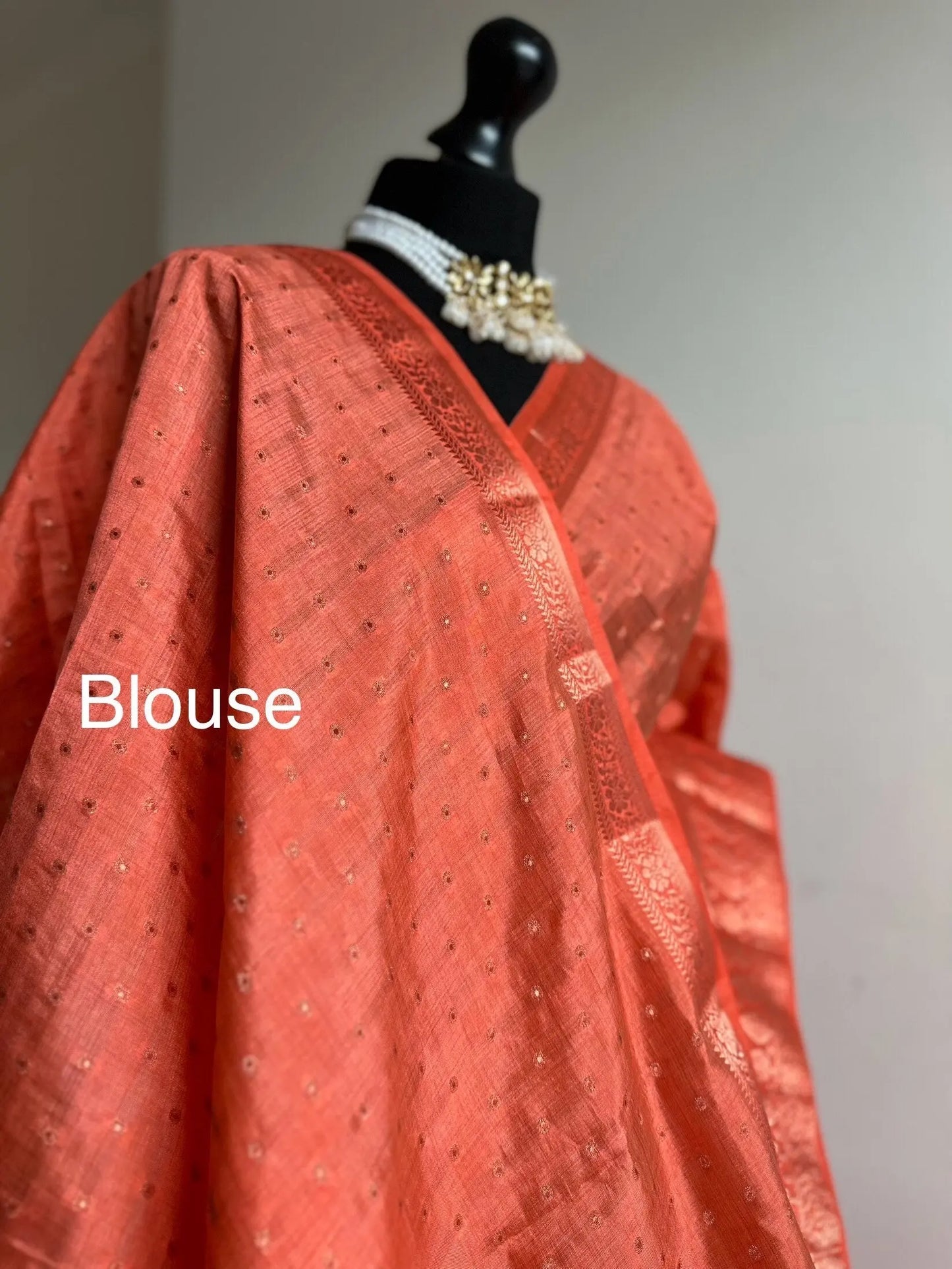 Orange coral soft tussar silk saree with border and unstitched blouse. Copper work all over and border. Statement saree and colour,stand out - LaiLai Sarees