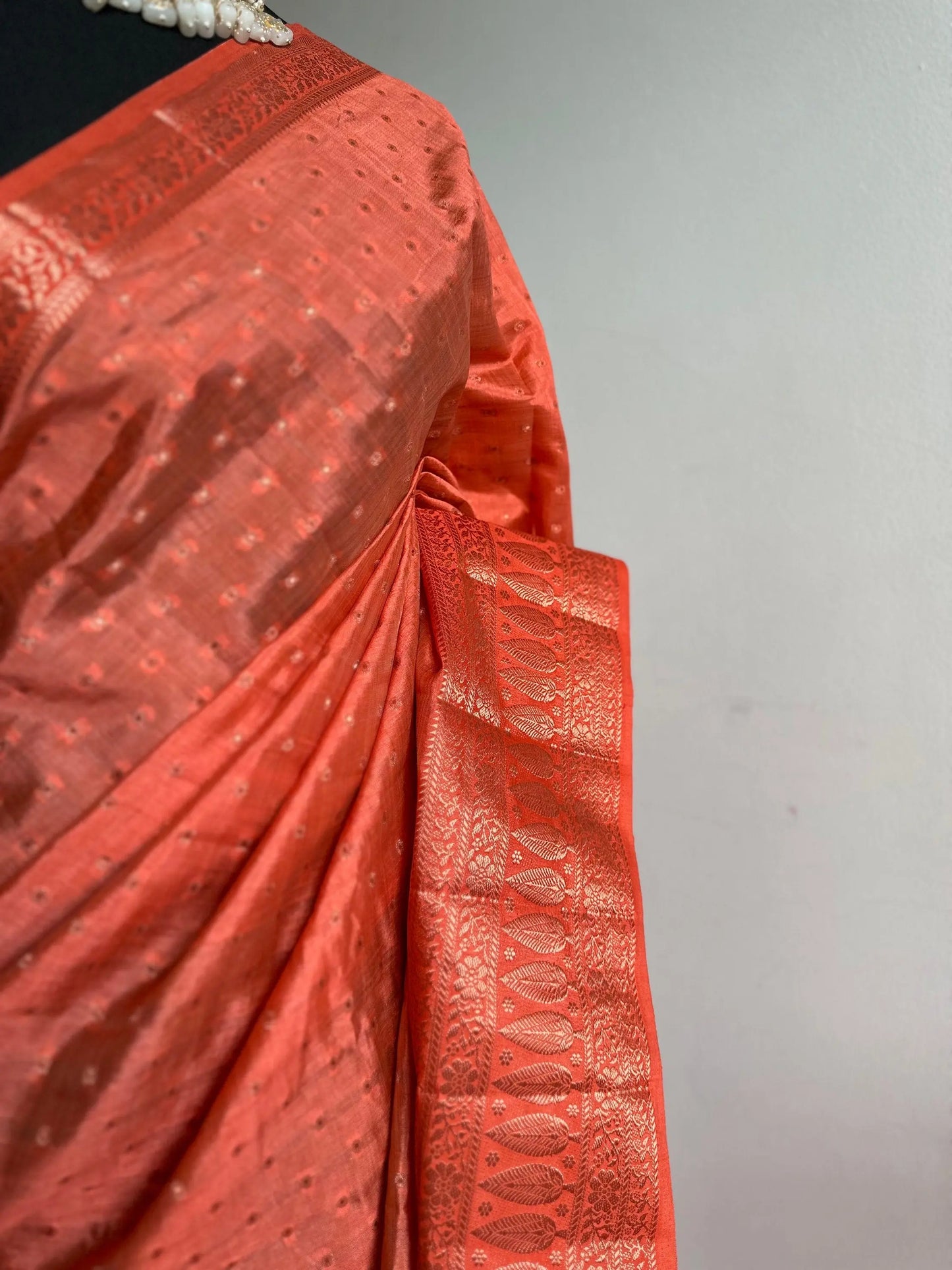 Orange coral soft tussar silk saree with border and unstitched blouse. Copper work all over and border. Statement saree and colour,stand out - LaiLai Sarees