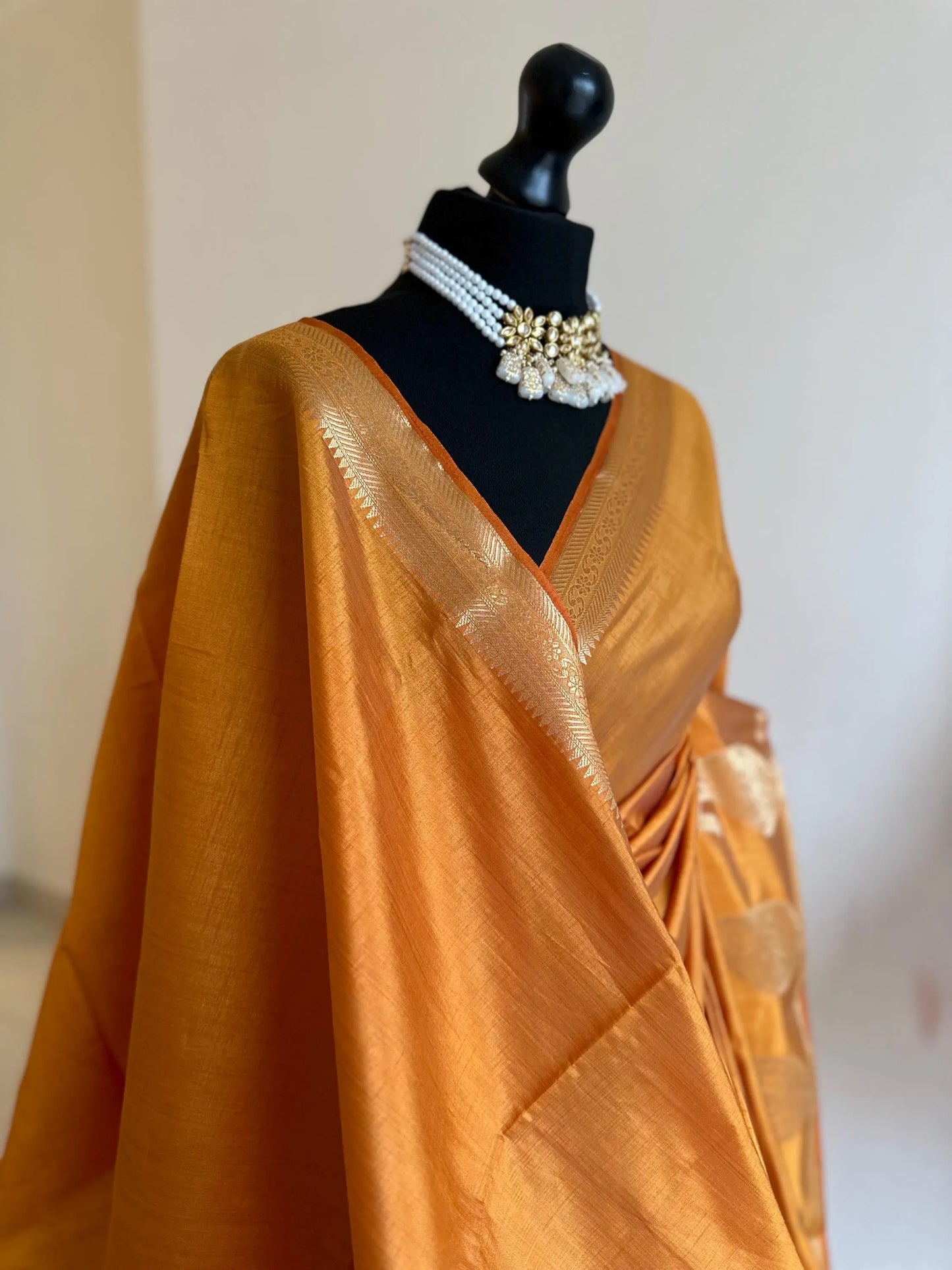 Sandal wood orange soft tussar raw silk saree with unstitched blouse. Gold work on border and pallu. Statement saree and colour. - LaiLai Sarees