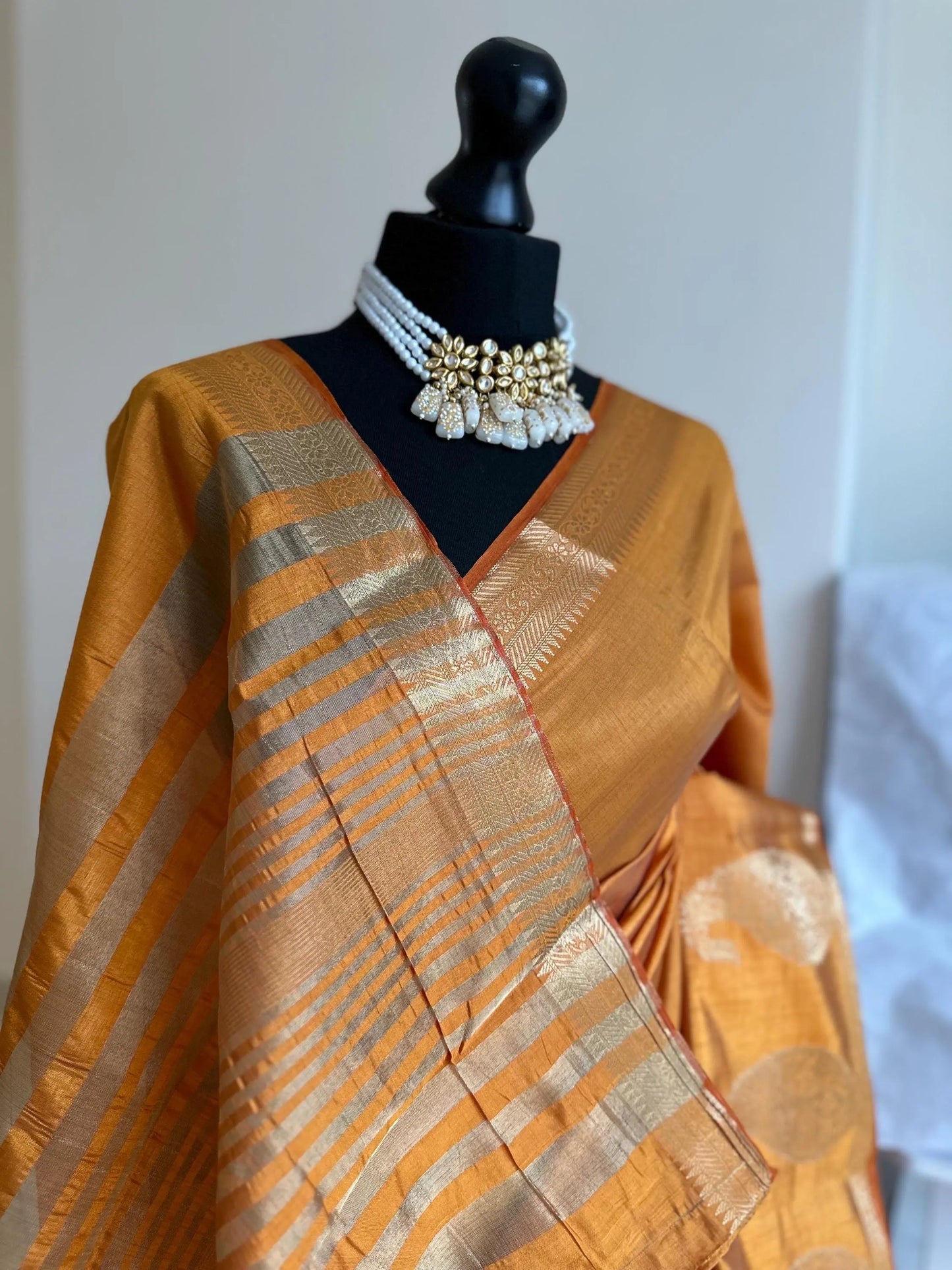 Sandal wood orange soft tussar raw silk saree with unstitched blouse. Gold work on border and pallu. Statement saree and colour. - LaiLai Sarees