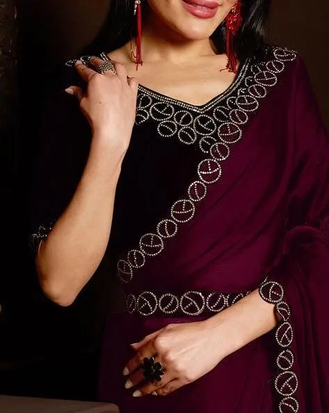 Belted party saree in wine - LaiLai Sarees