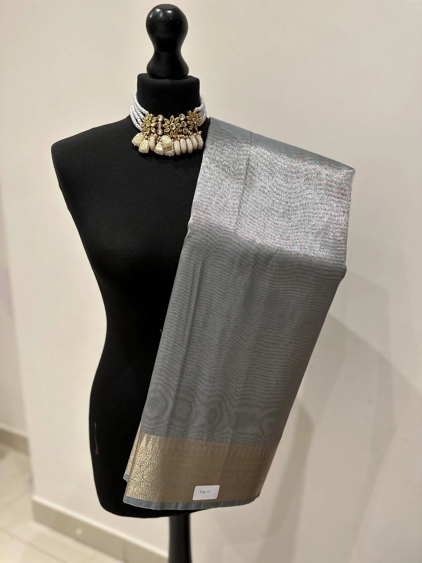 Grey shimmer soft tissue saree with border and unstitched blouse. Soft grey wedding guest party traditional saree unique saree look - LaiLai Sarees