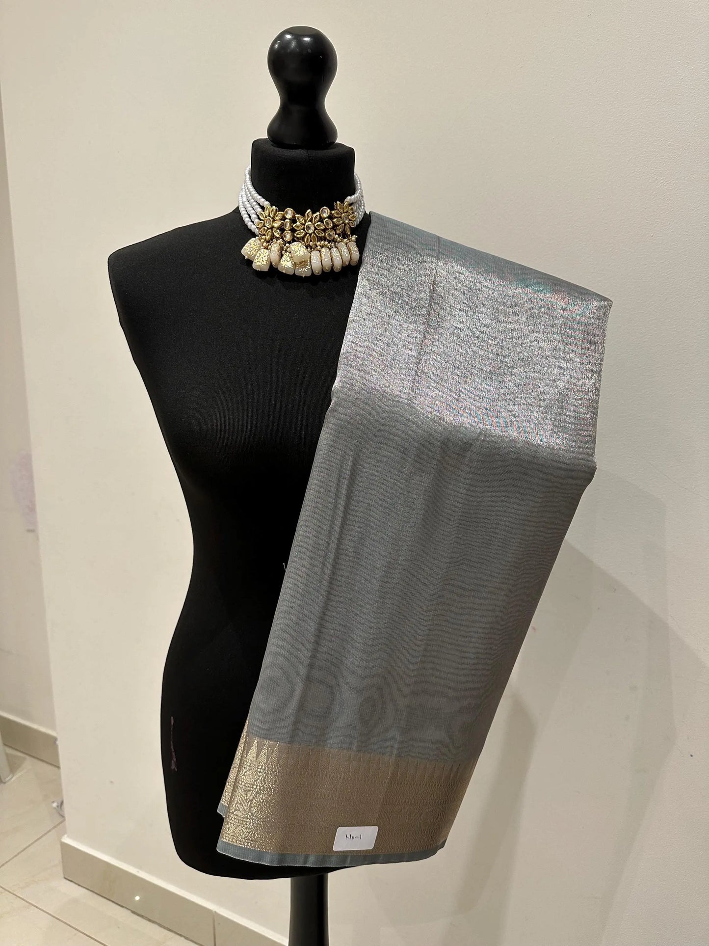 Grey shimmer soft tissue saree with border and unstitched blouse. Soft grey wedding guest party traditional saree unique saree look - LaiLai Sarees