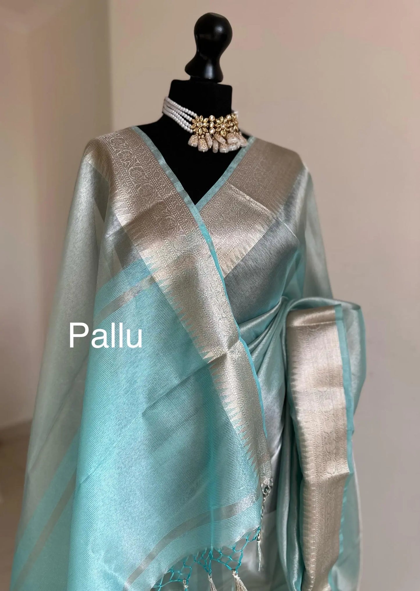 Pale blue shimmer soft tissue saree with border and unstitched blouse. Soft blue wedding guest party traditional saree unique saree look - LaiLai Sarees
