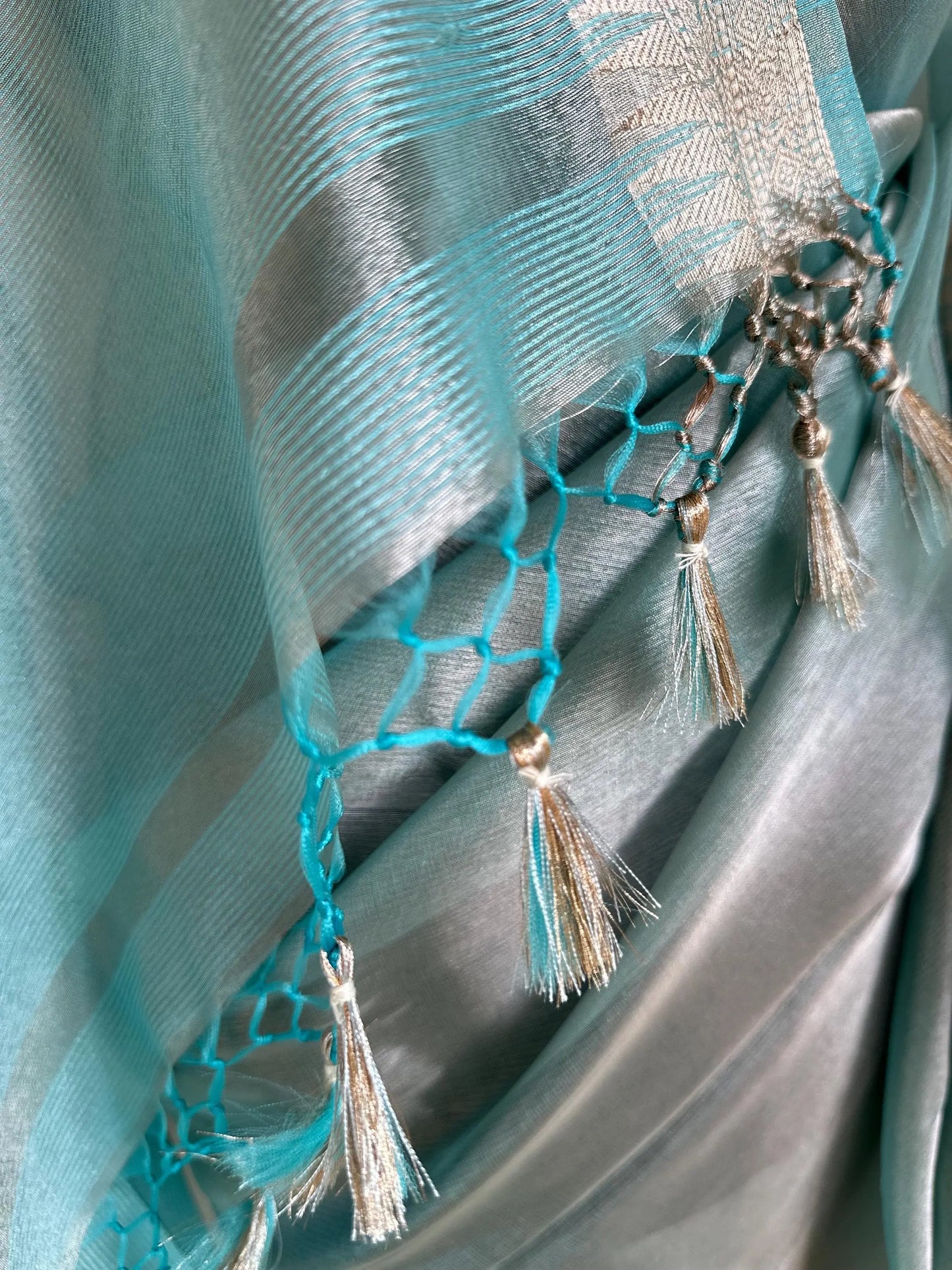 Pale blue shimmer soft tissue saree with border and unstitched blouse. Soft blue wedding guest party traditional saree unique saree look - LaiLai Sarees