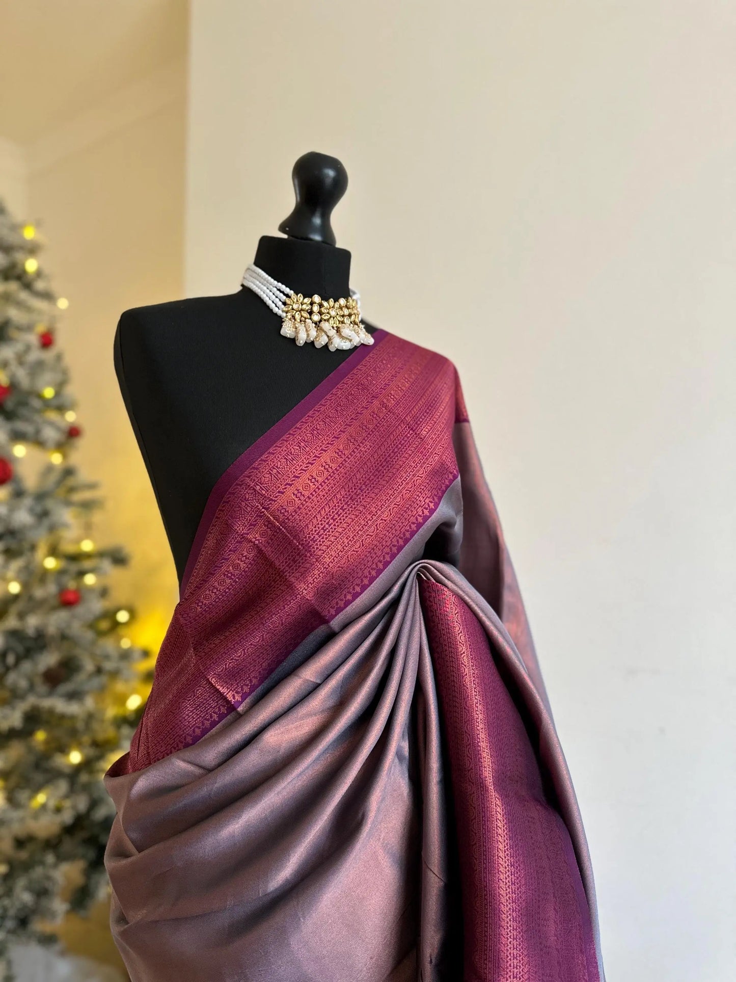 Grey shimmer saree with plum border and copper motifs.Modern and traditional silk saree beautiful colour and design.Contrast designer blouse - LaiLai Sarees