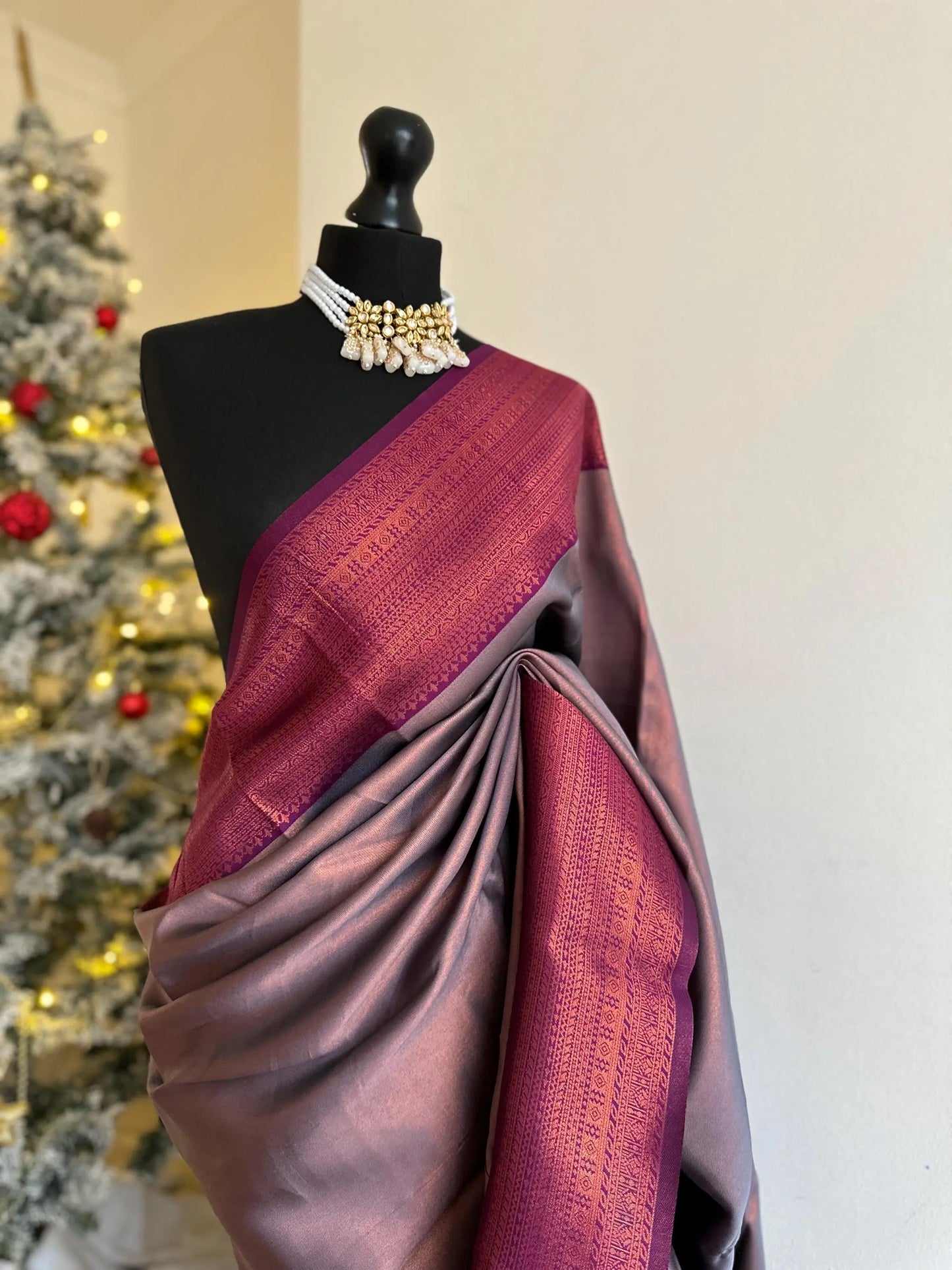 Grey shimmer saree with plum border and copper motifs.Modern and traditional silk saree beautiful colour and design.Contrast designer blouse - LaiLai Sarees