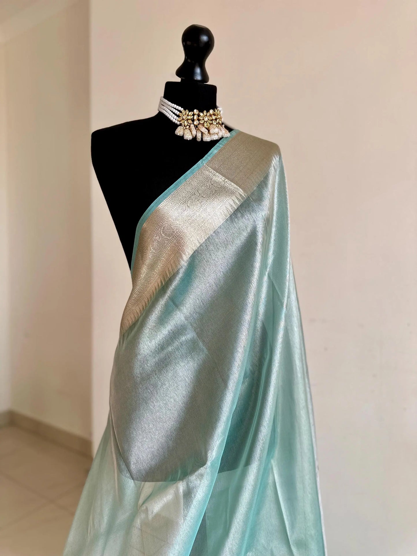 Pale blue shimmer soft tissue saree with border and unstitched blouse. Soft blue wedding guest party traditional saree unique saree look - LaiLai Sarees
