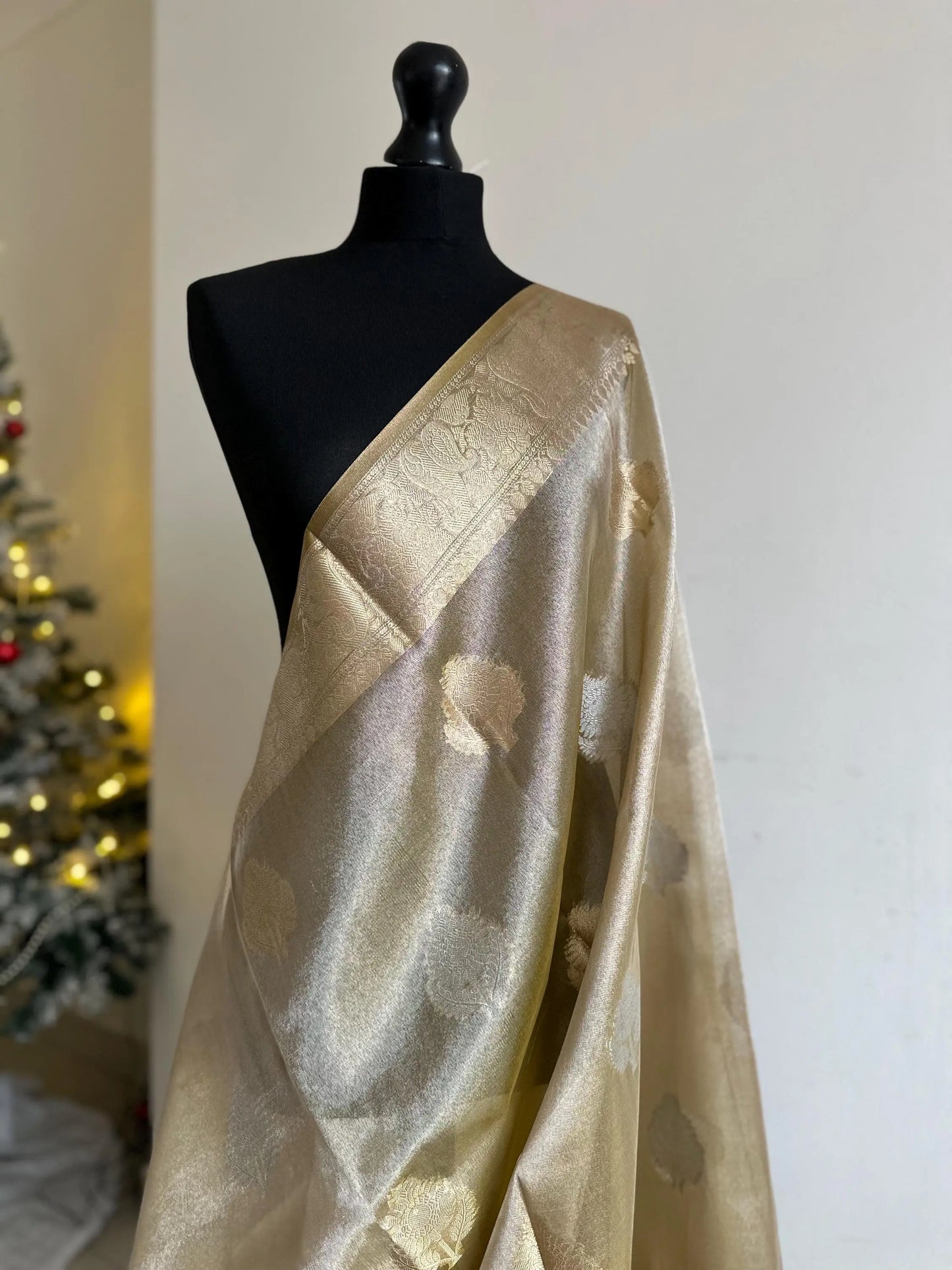 Gold shimmer soft tissue saree with border and unstitched blouse. Soft gold wedding guest party traditional saree unique saree look - LaiLai Sarees