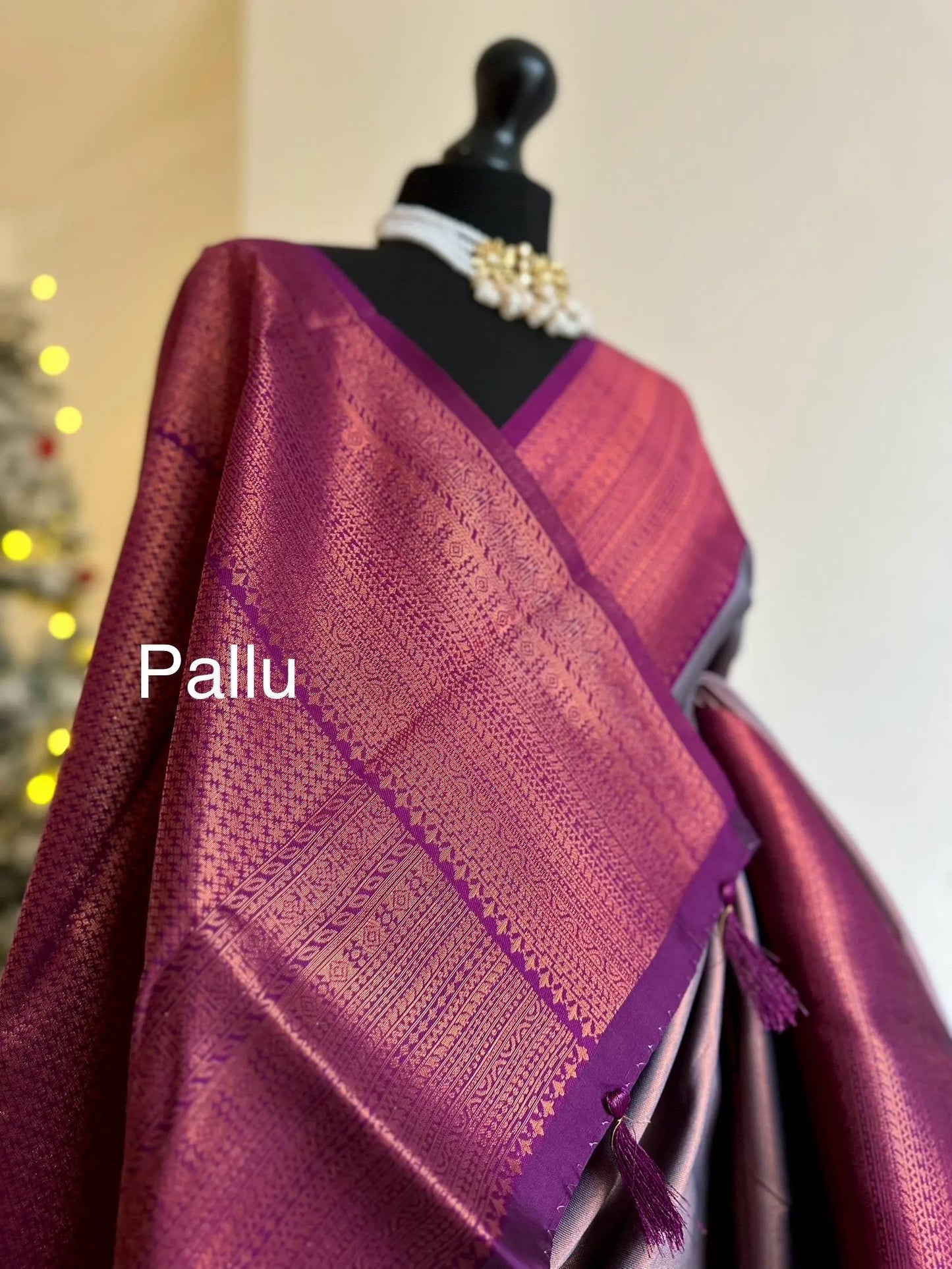Grey shimmer saree with plum border and copper motifs.Modern and traditional silk saree beautiful colour and design.Contrast designer blouse - LaiLai Sarees