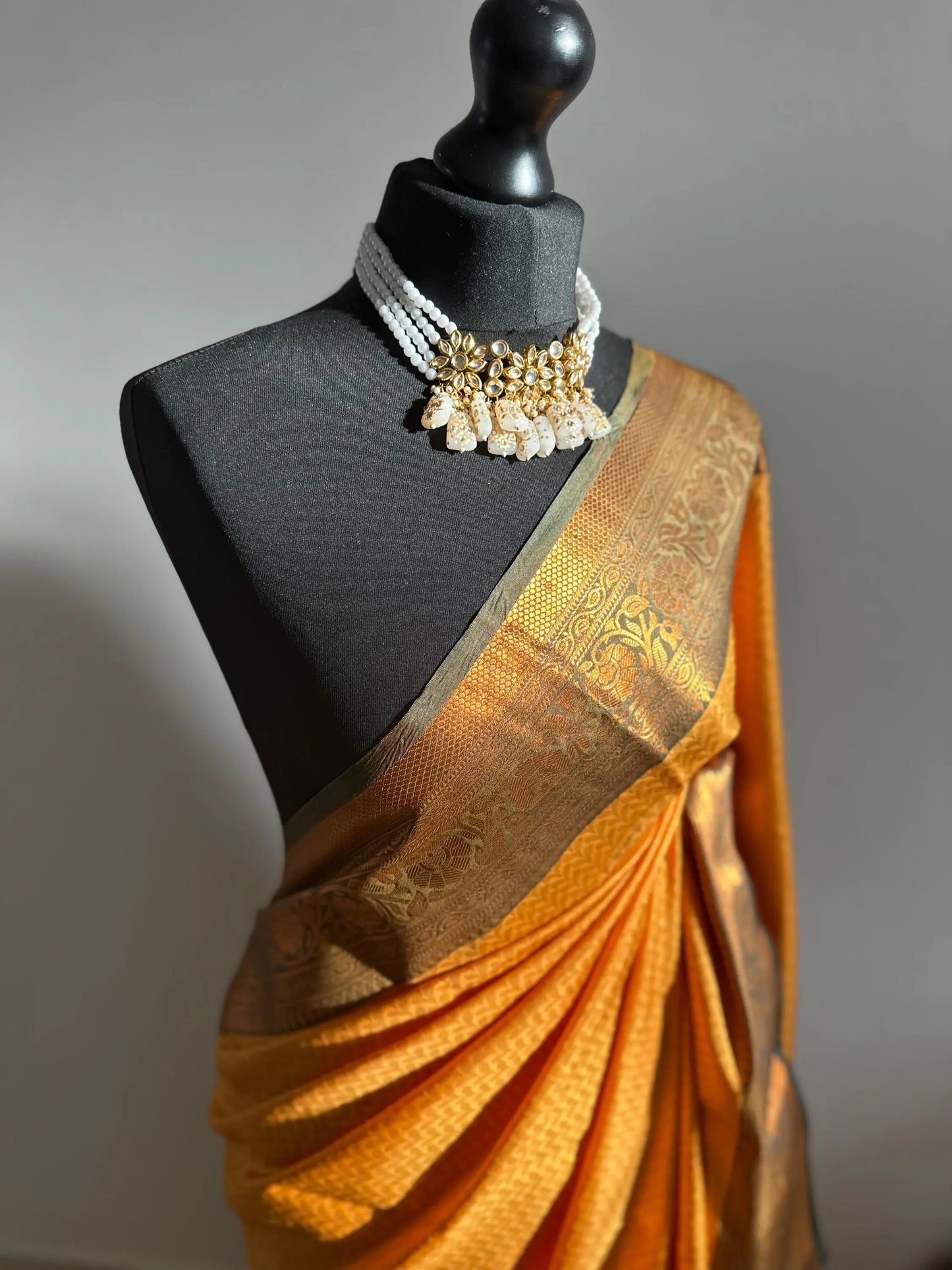 Authentic mustard saree with dark green border copper zari sheen. Traditional silk saree beautiful colour and design. Designer saree - LaiLai Sarees