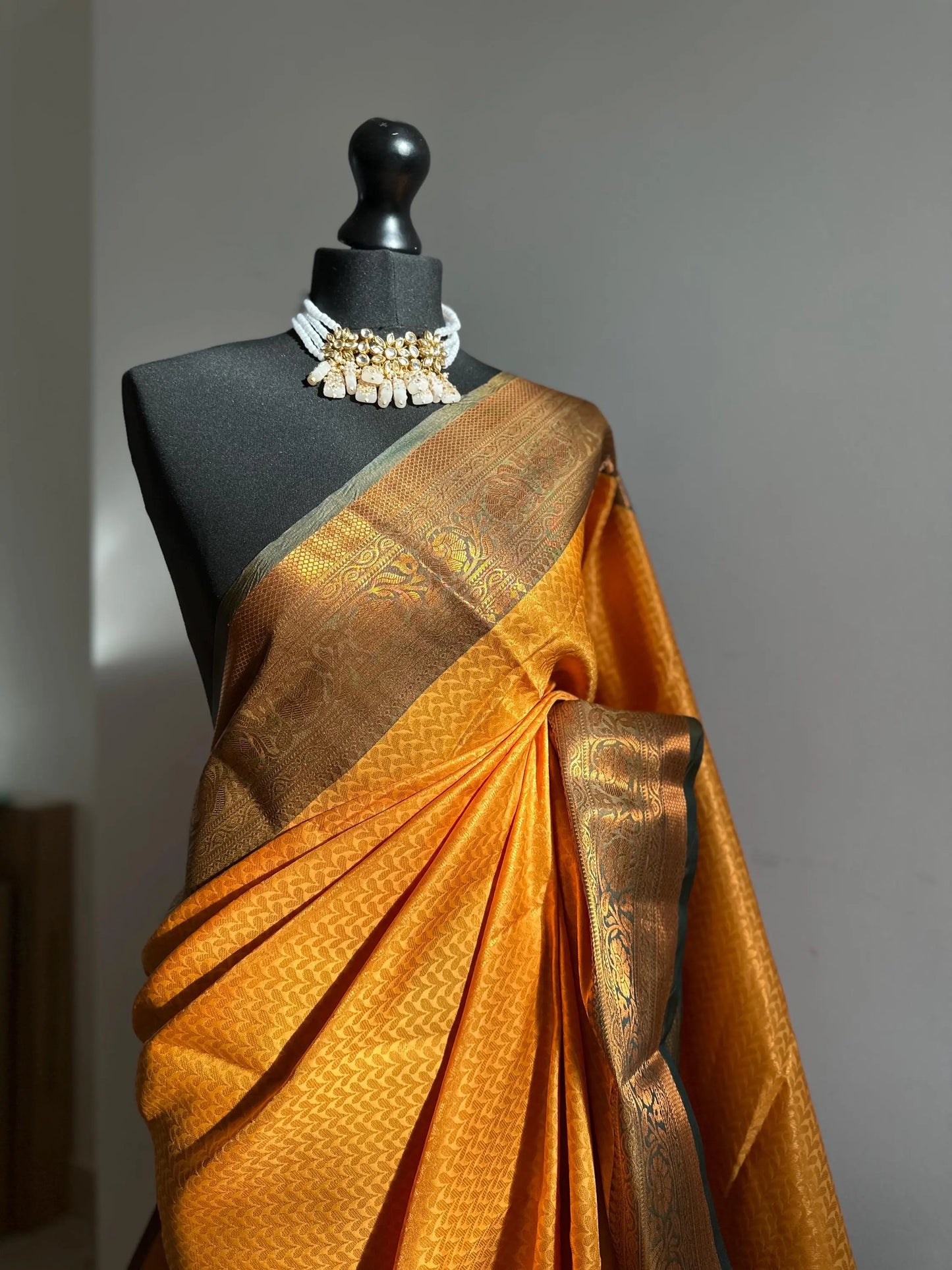 Authentic mustard saree with dark green border copper zari sheen. Traditional silk saree beautiful colour and design. Designer saree - LaiLai Sarees