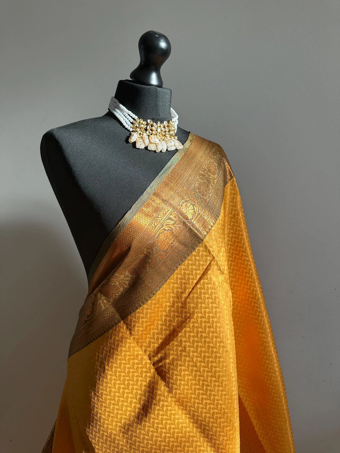 Authentic mustard saree with dark green border copper zari sheen. Traditional silk saree beautiful colour and design. Designer saree - LaiLai Sarees