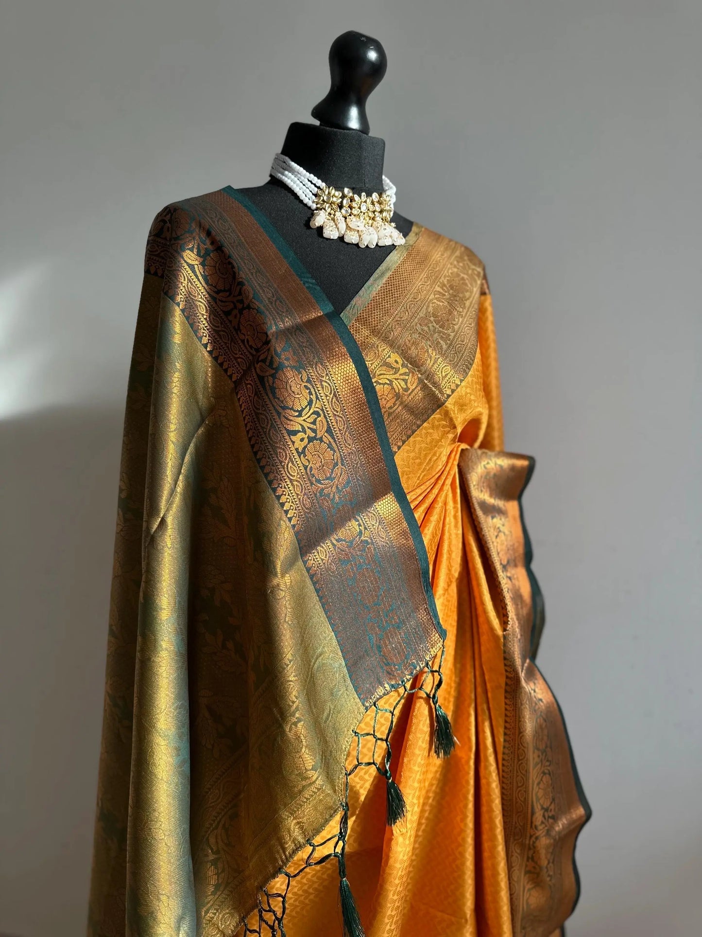 Authentic mustard saree with dark green border copper zari sheen. Traditional silk saree beautiful colour and design. Designer saree - LaiLai Sarees