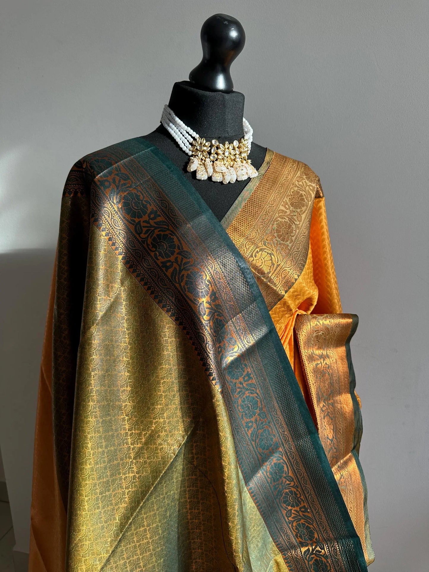 Authentic mustard saree with dark green border copper zari sheen. Traditional silk saree beautiful colour and design. Designer saree - LaiLai Sarees