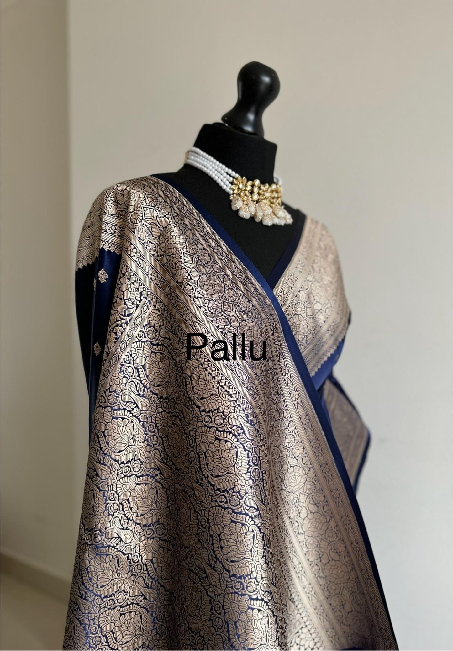 Banarasi silk navy blue Wedding Saree with gold Zari. Gold and blue Saree Traditional Saree with plain contrast blouse. Regal look saree