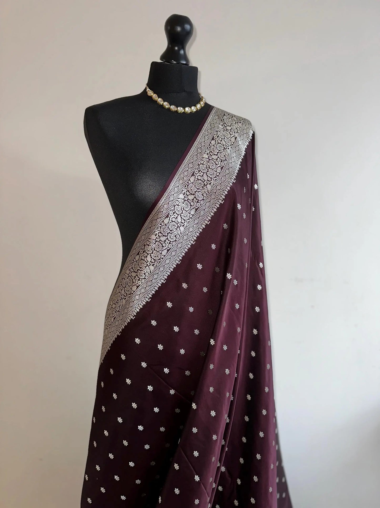 Banarasi silk in dark wine.Wedding Saree with gold Zari.Silver wine koorai Saree traditional saree with plain contrast blouse with Fall Pico - LaiLai Sarees