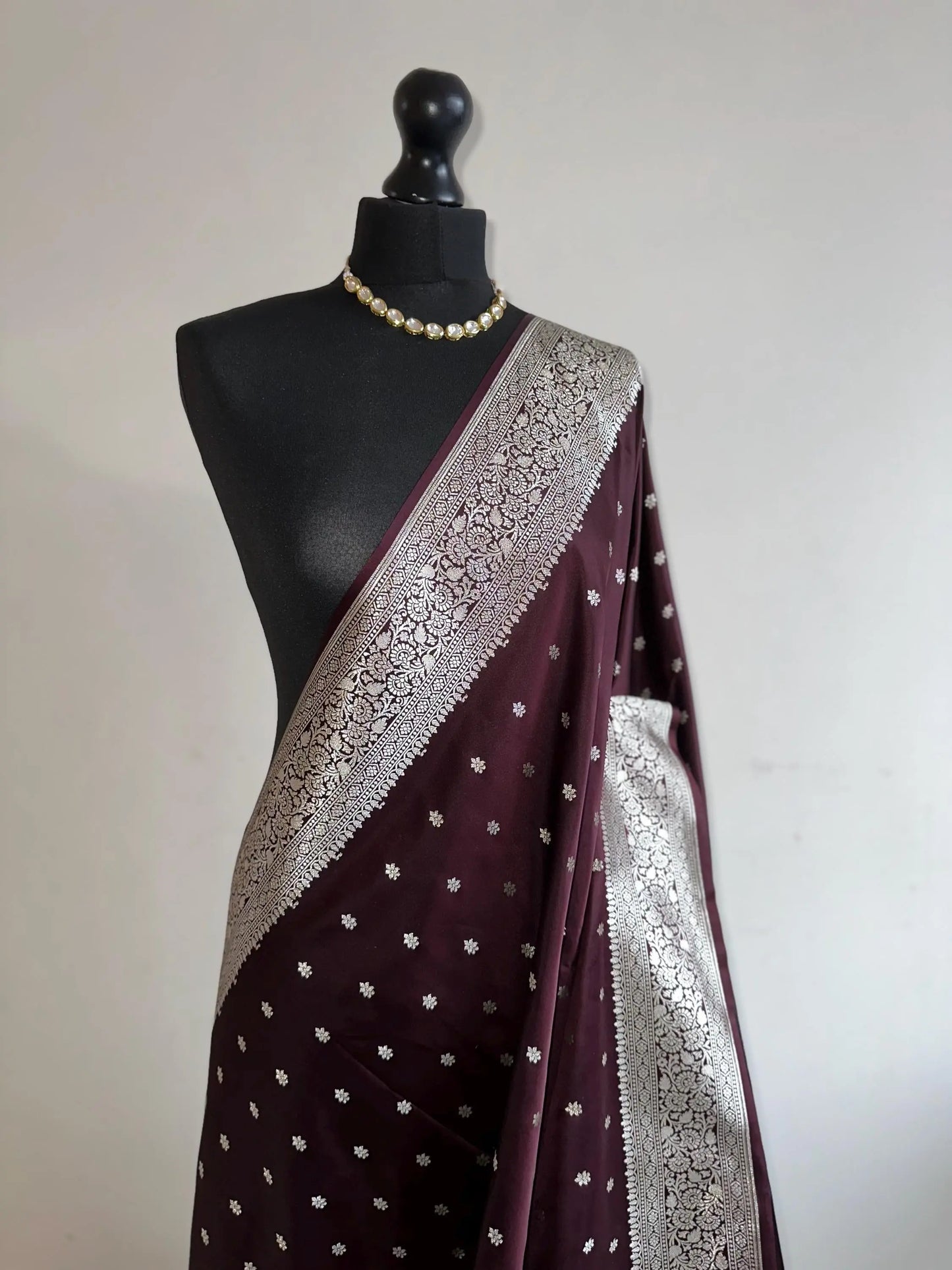 Banarasi silk in dark wine.Wedding Saree with gold Zari.Silver wine koorai Saree traditional saree with plain contrast blouse with Fall Pico - LaiLai Sarees