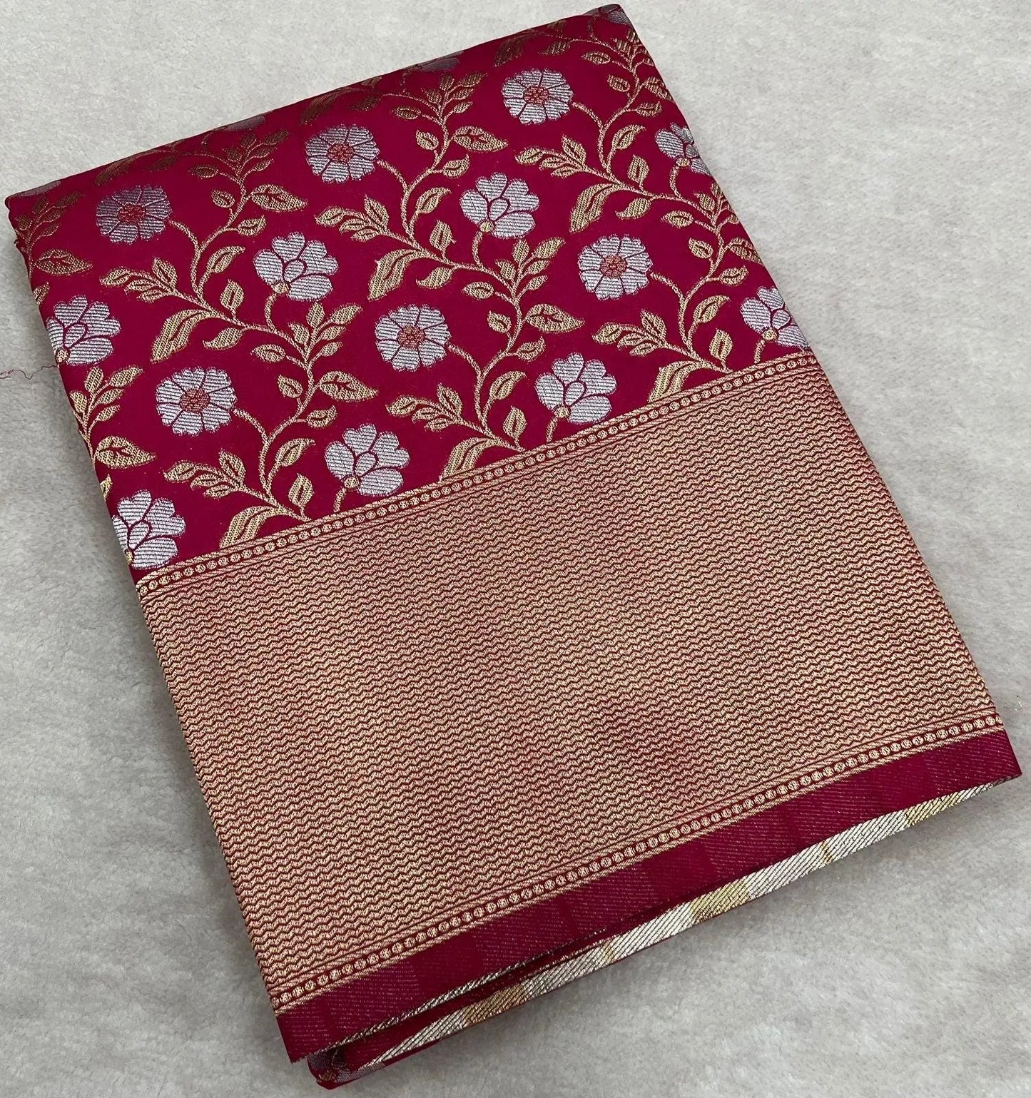 Pure red jaal geogrette designer sare with rich pallu and weaved jaal design and rich silver and gold look with contrast designer blouse - LaiLai Sarees