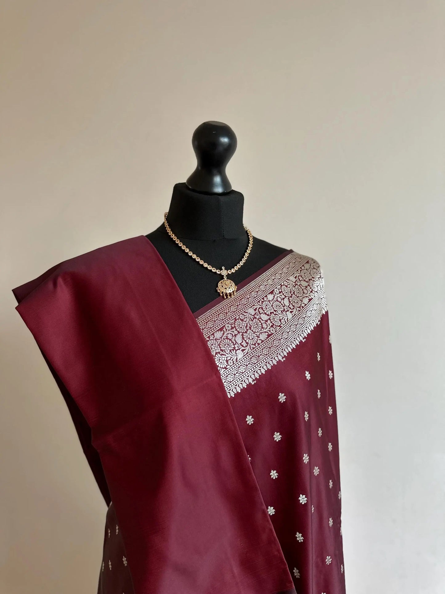 Banarasi silk in dark maroon with silver Zari. Coffee maroon pattu Saree Traditional Saree with plain contrast blouse with Fall Pico - LaiLai Sarees